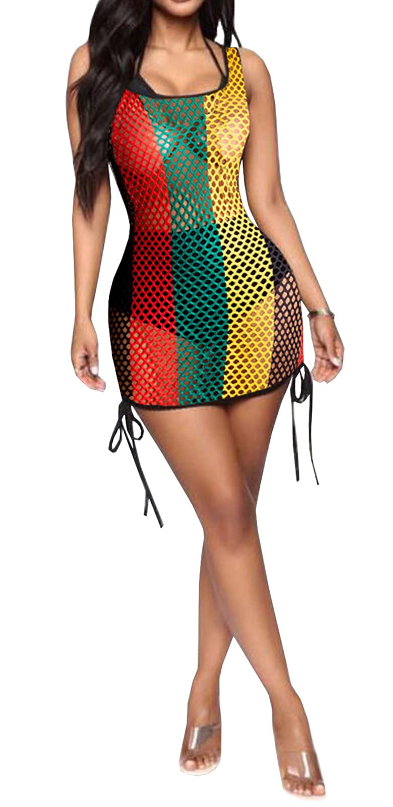Womens Tank Colorful Stripe Fishnet Cover up Mini Dress Bikinis Swimwear Rasta Dress Floral Small SAMACHICA