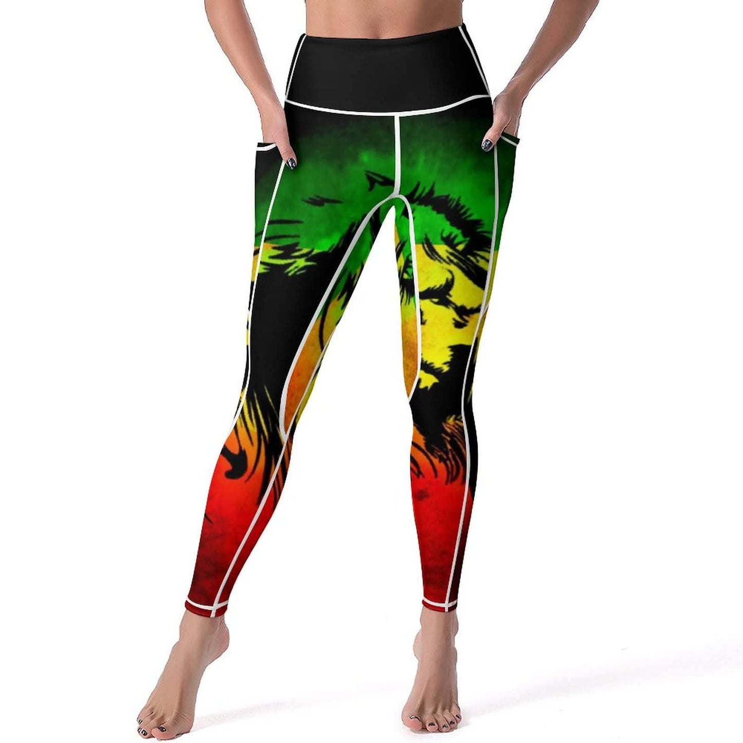 Bagea-Ka Jamaican Lion Flag Pattern High Waisted Leggings for Women Yoga Pants with Pocket Workout Sports Athletic Bagea-Ka