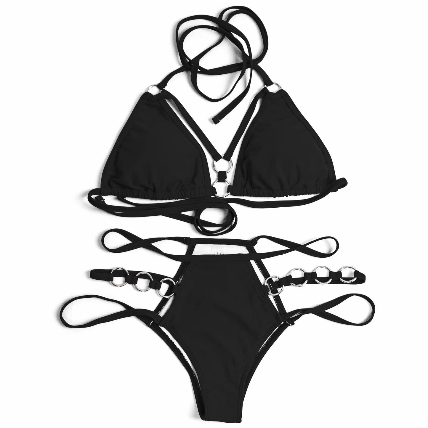 EJsoyo Womens Sexy Thong Bikini Swimsuits String Push up Padded Bathing Suit 2 Piece Cheeky Swimwear with Metal Ring (Large, Black) EJsoyo