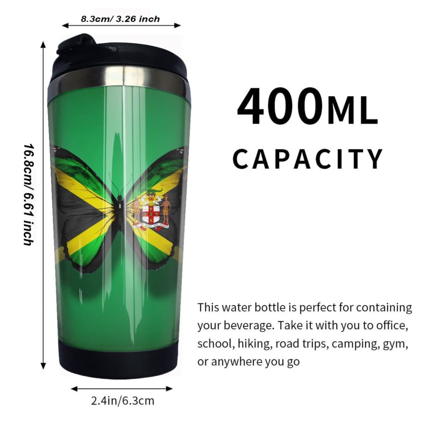 VunKo 14oz Jamaica Flag Butterfly Stainless Steel Tumbler with Lid, Vacuum Insulated Thermal Coffee Mug, Double Wall Plastic Reusable Cups VunKo