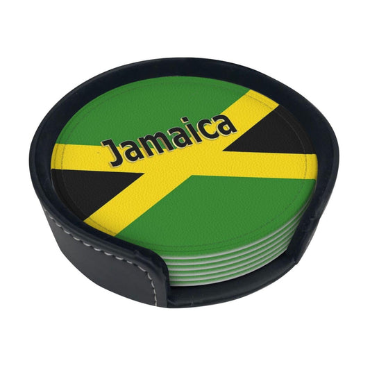 Cute Jamaica Flag Leather Drinks Coasters with Set of 6,Jamaican Round Coasters Mugs Mat Pad Suitable for Kinds of Cups,Home Kitchen ROSIHODE