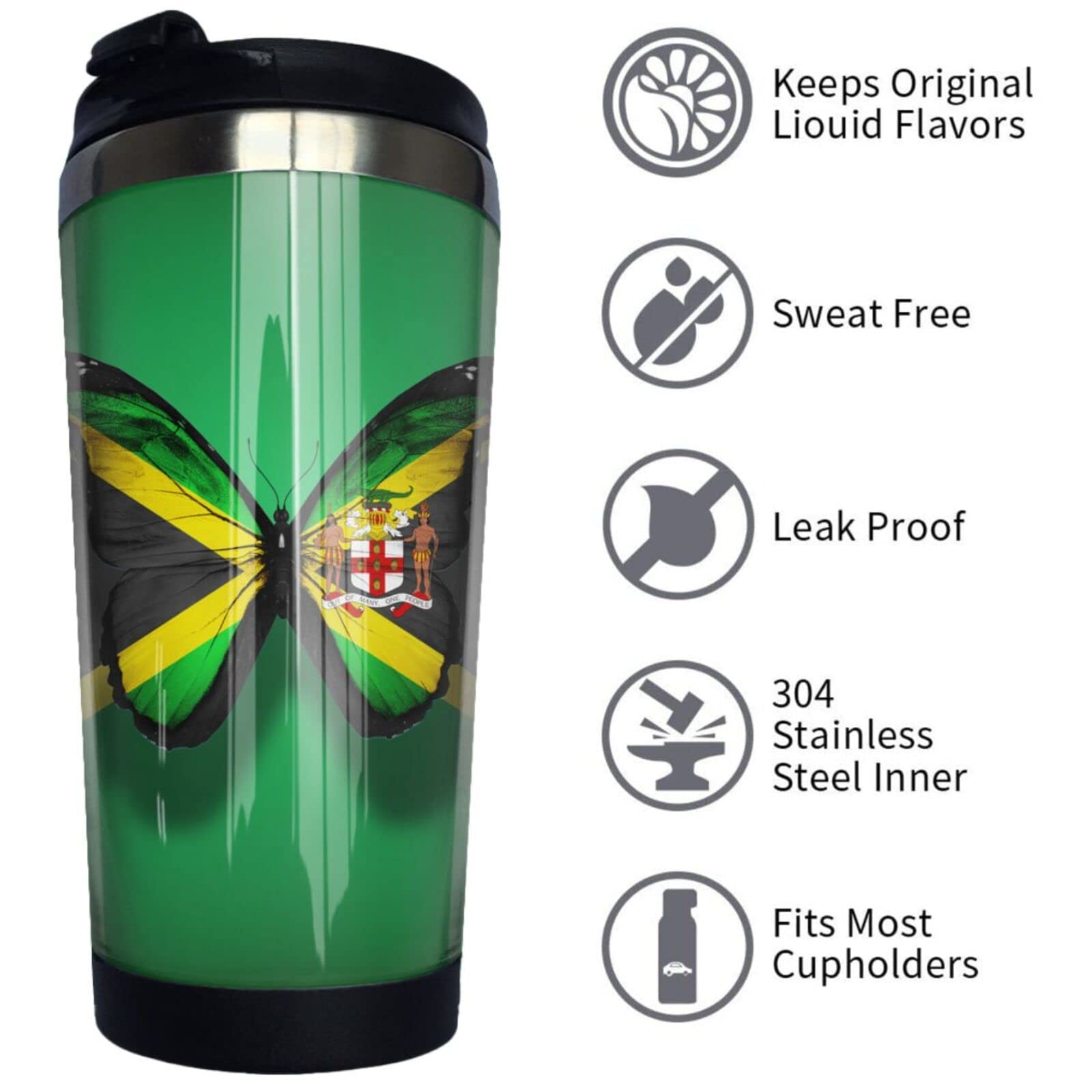 VunKo 14oz Jamaica Flag Butterfly Stainless Steel Tumbler with Lid, Vacuum Insulated Thermal Coffee Mug, Double Wall Plastic Reusable Cups VunKo