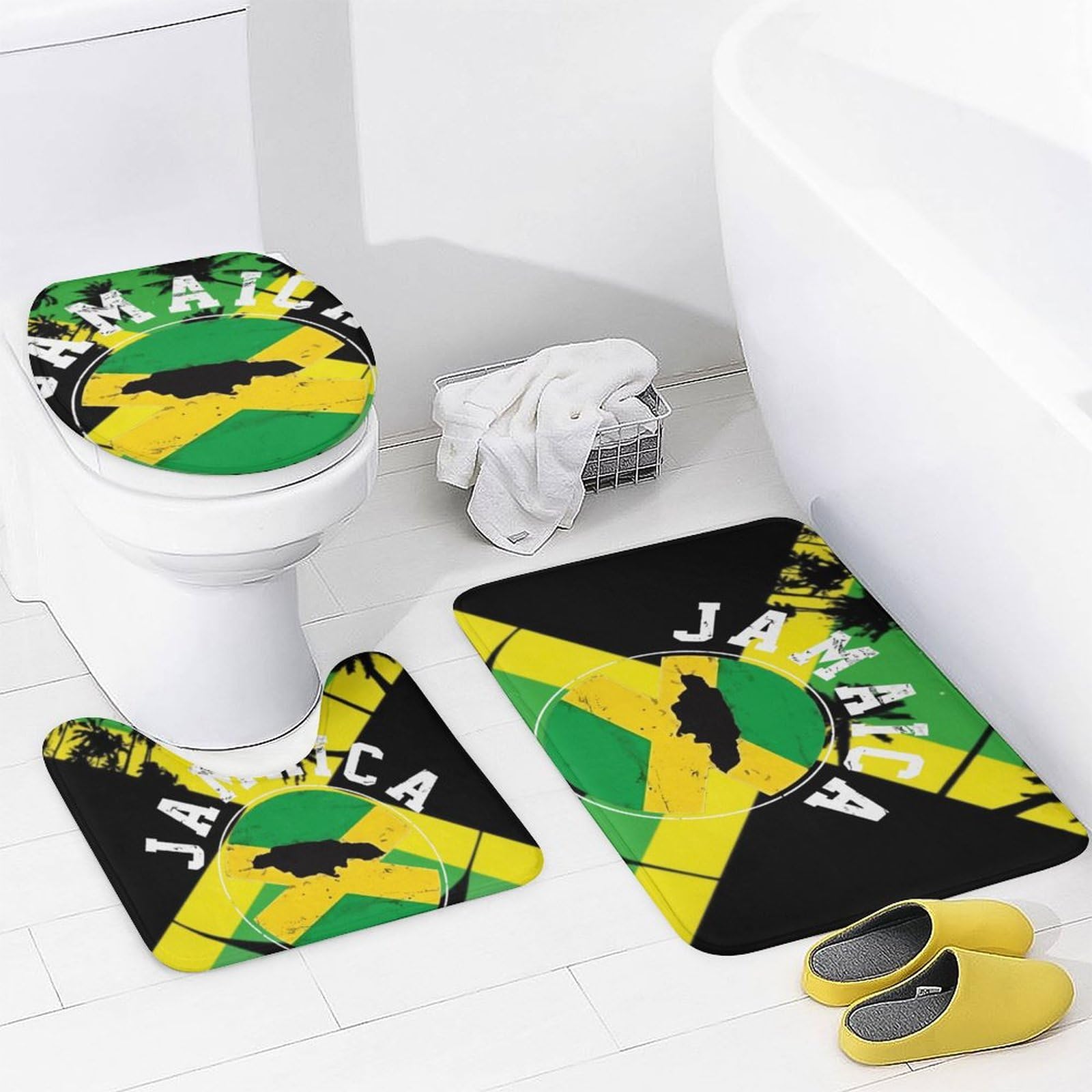 TAIZIYEAH Jamaican Flag 4 Pcs Bathroom Shower Curtain Set,Bathroom Sets with Rugs (Bath Mat,U Shape and Toilet Lid Cover Mat) Bathroom Decor Set TAIZIYEAH