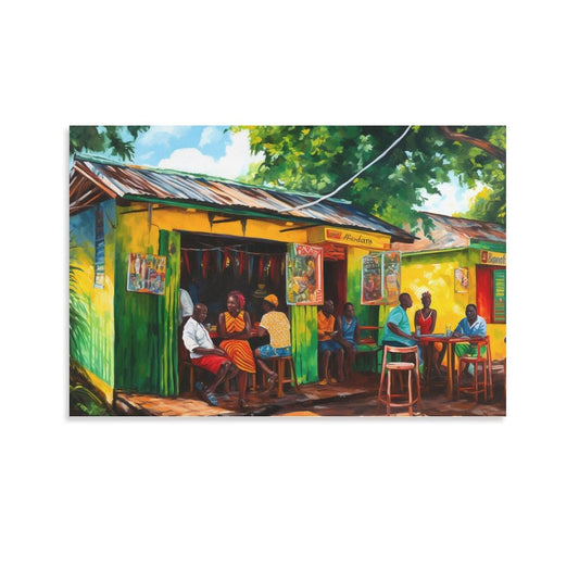 Caribbean Art Print of Jamaican Rum Shop in Yellow And Green Painting Art Poster Canvas Painting Wall Art Poster for Bedroom Living Room Decor 12x18inch(30x45cm) Unframe-style RCIDOS