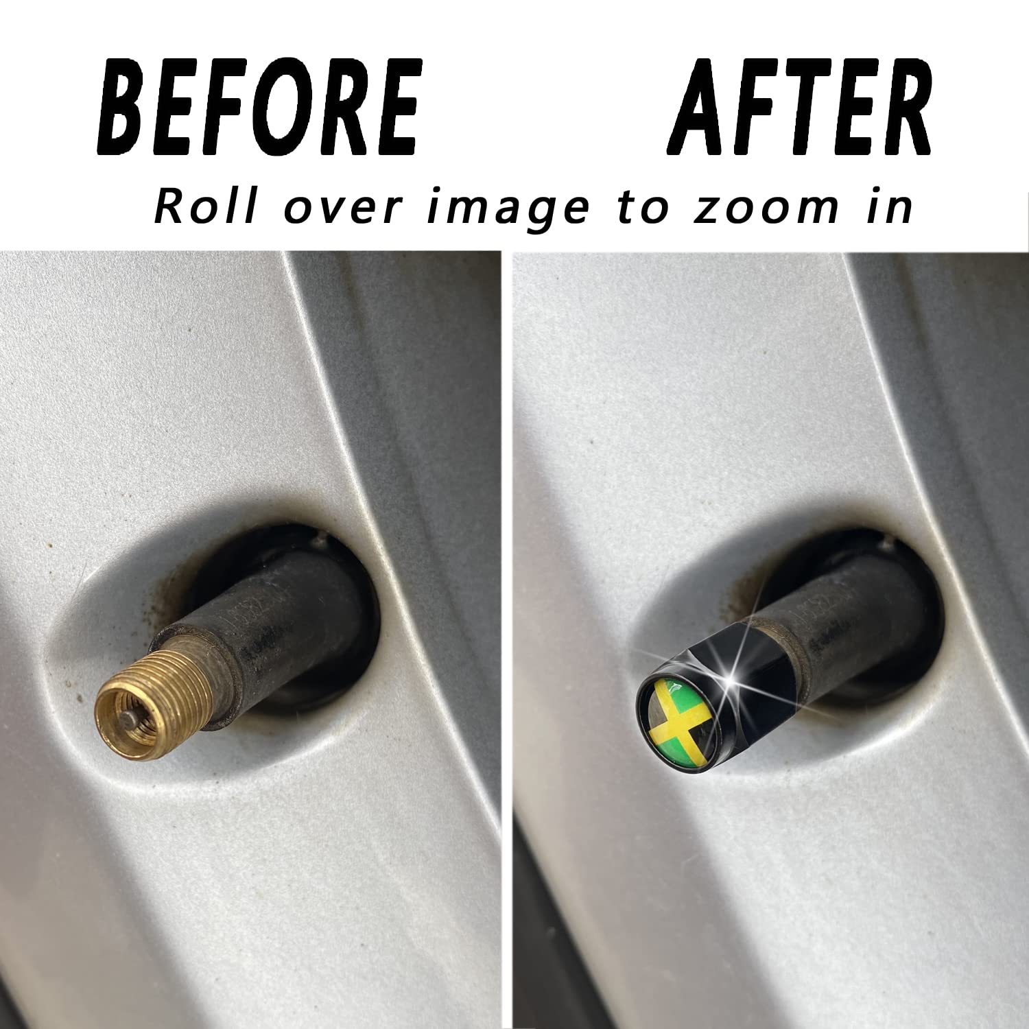 Jamaica Flag Jamaican Flag Tire Valve Stem Caps Cover, 4 Pcs Metal Black Air Valve Cap, Aluminum Car Wheel Stem Caps, Universal Stem Covers for Cars, Trucks, Bikes, Motorcycles, Corrosion Resistant Jowxsx