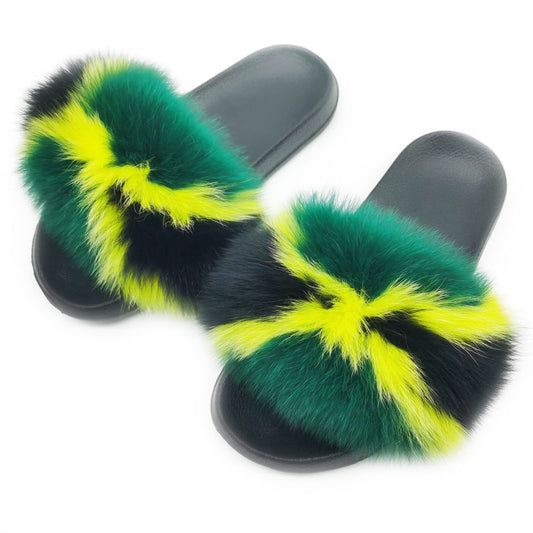 COOLSA Real Fur Slides for Women Fluffy Slides Fuzzy Sandals Open Toe Fox Fur Slippers Furry Flip Flops Indoor Outdoor Shoes COOLSA