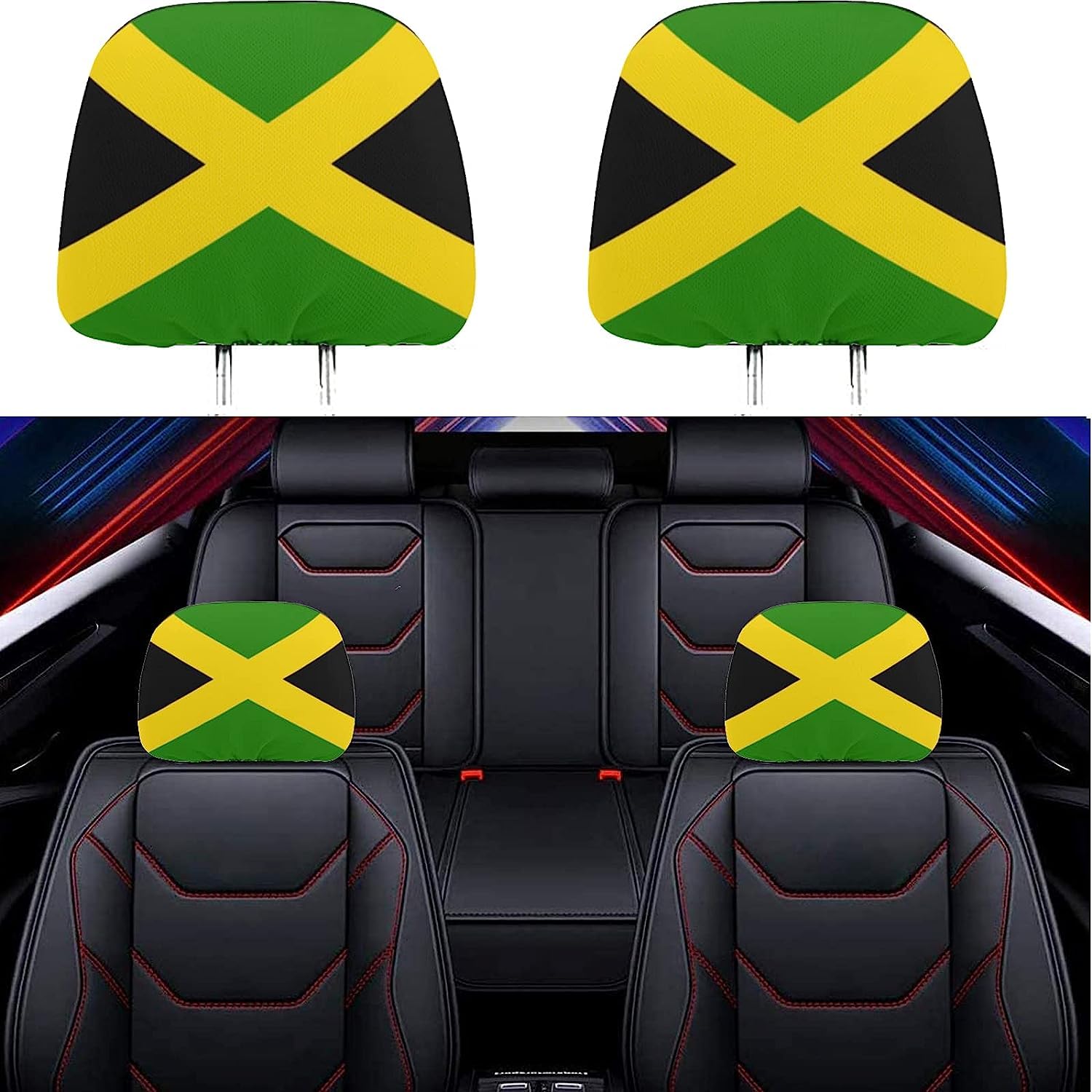 Naxizo 2 Pack Jamaica Flag Headrest Covers, Seat Cover Accessories Car Headrest Protector Universal Fit for Car/Truck Seats (Jamaica) Naxizo