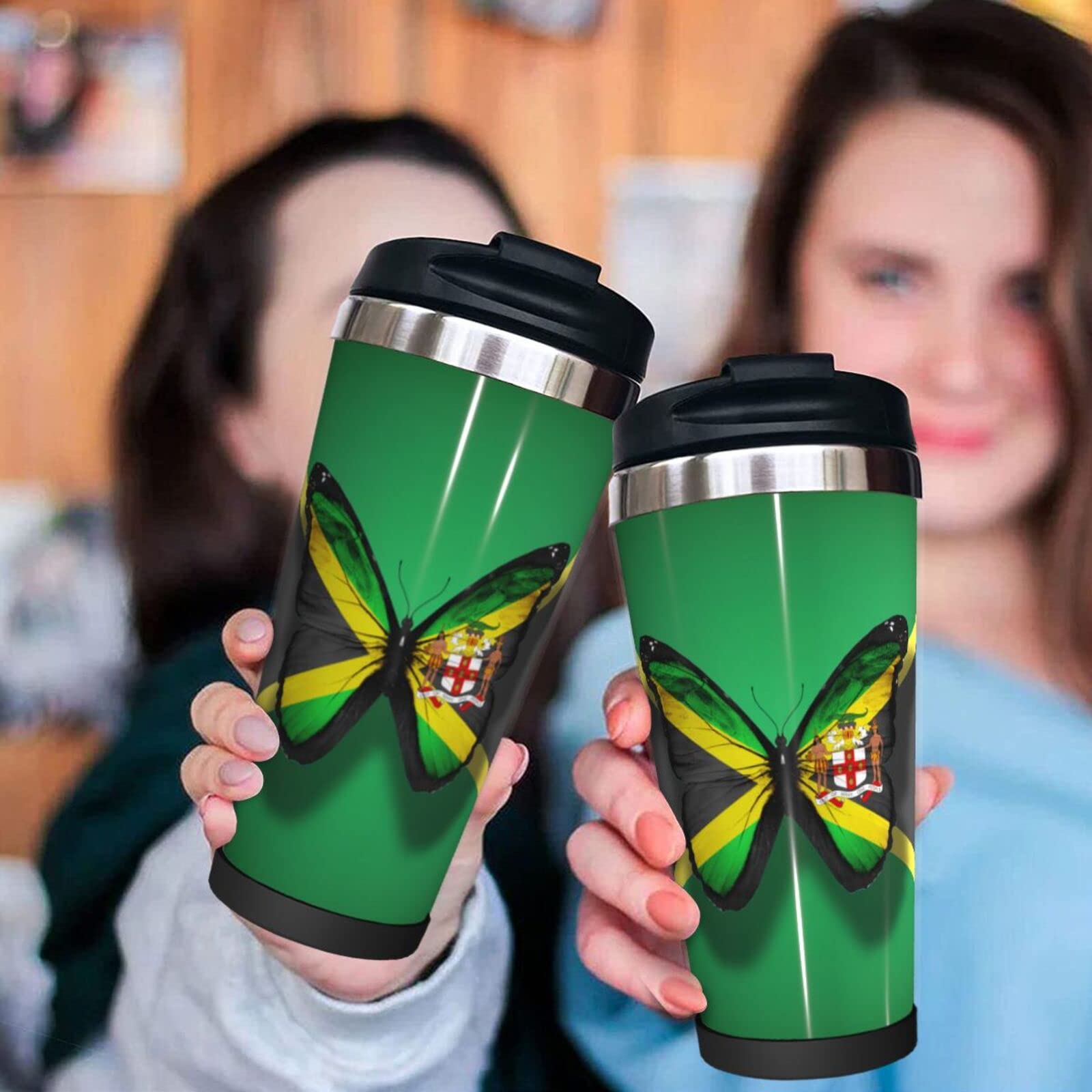 VunKo 14oz Jamaica Flag Butterfly Stainless Steel Tumbler with Lid, Vacuum Insulated Thermal Coffee Mug, Double Wall Plastic Reusable Cups VunKo