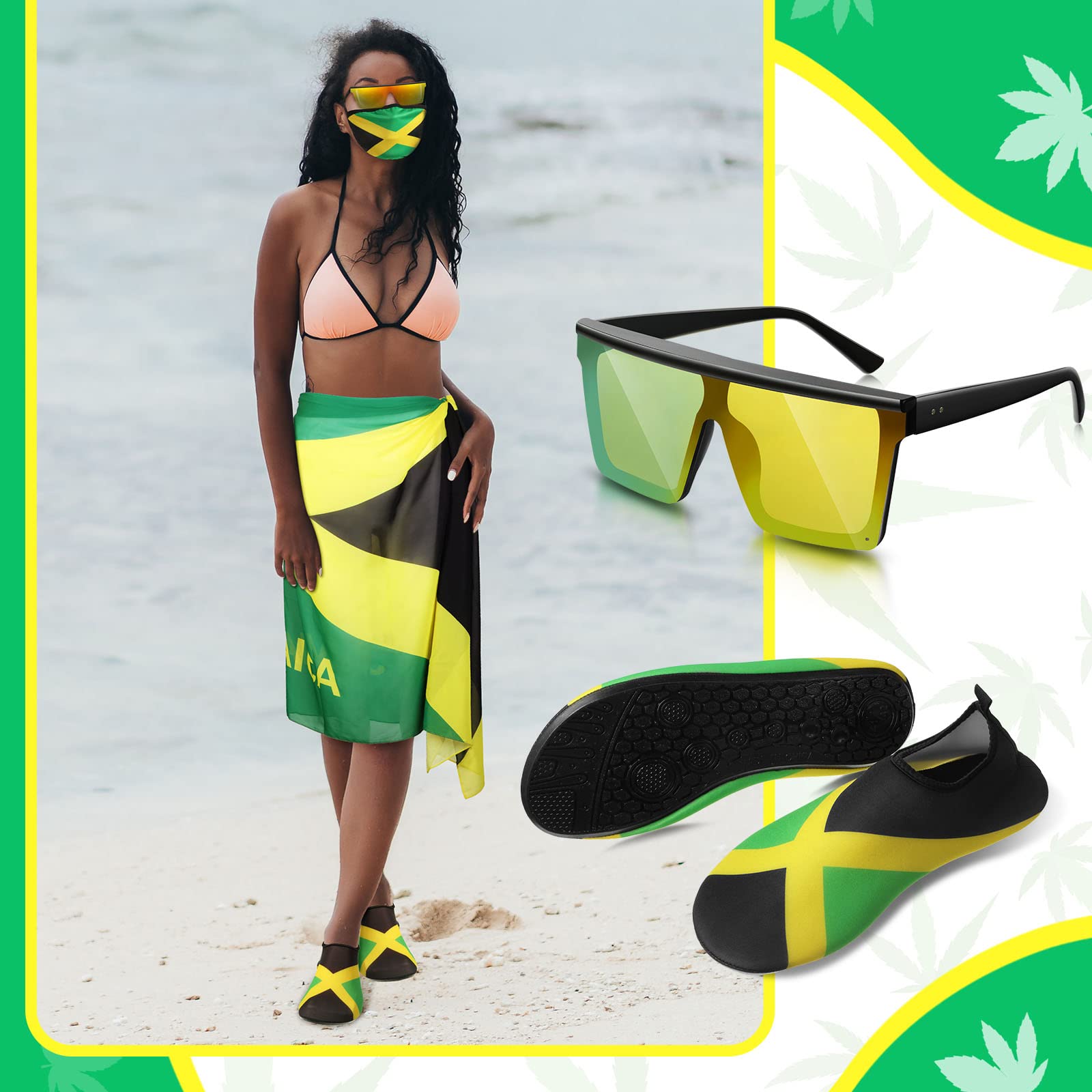 Yahenda 4 PCS Women's Jamaican Swimsuit Black Sarong Set With Water Shoe, Mask, Sunglasses (Jamaican Color,Women 4.5-5.5) Yahenda