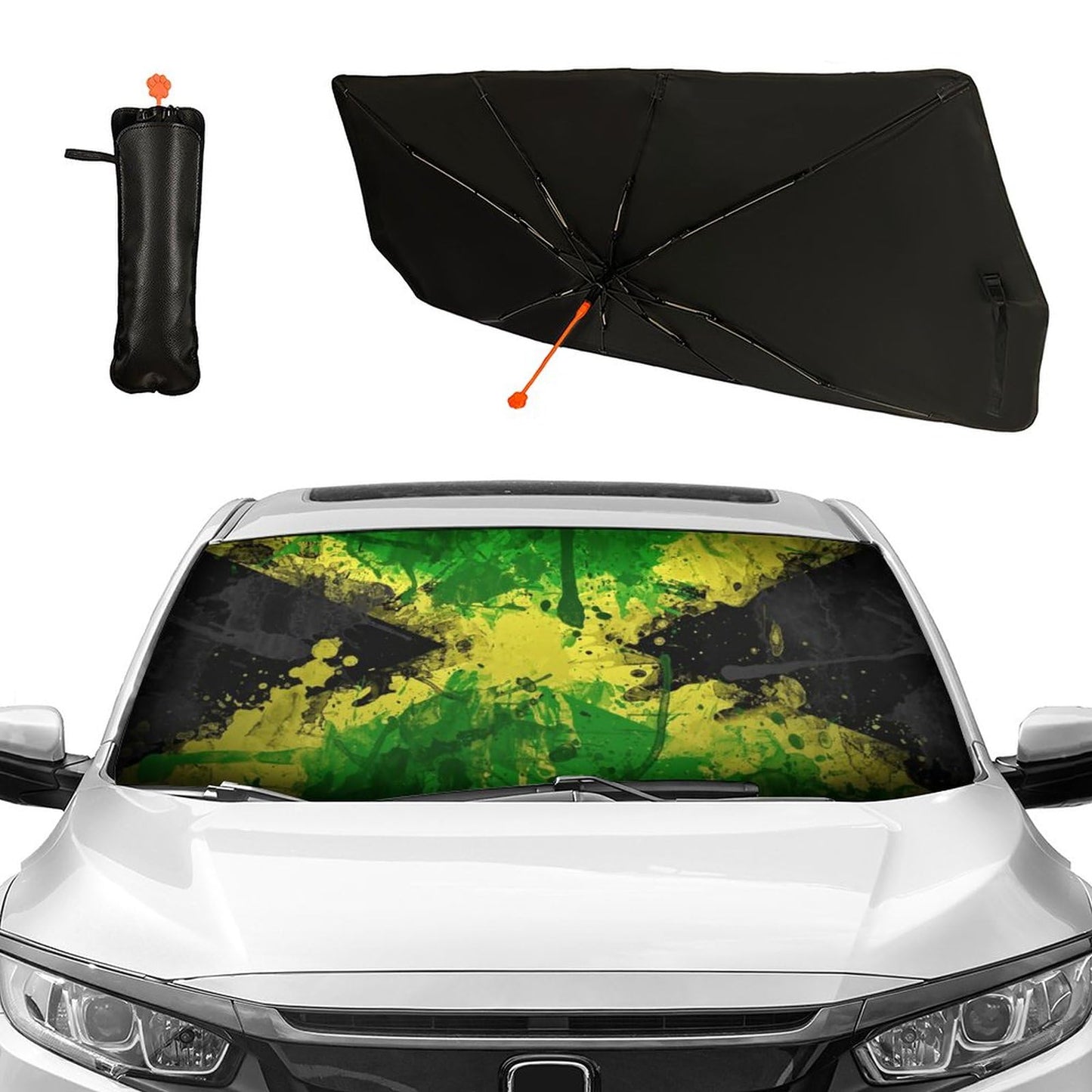 Jamaican Flag Car Windshield Sun Shade Cover Foldable Sunshade Umbrella Sunshade for Car Window Shades Car Front Window Cover, Auto Windshield Shade for Cars Block UV Rays Heat for Most Vehicle 57"X30 MAZHALAI