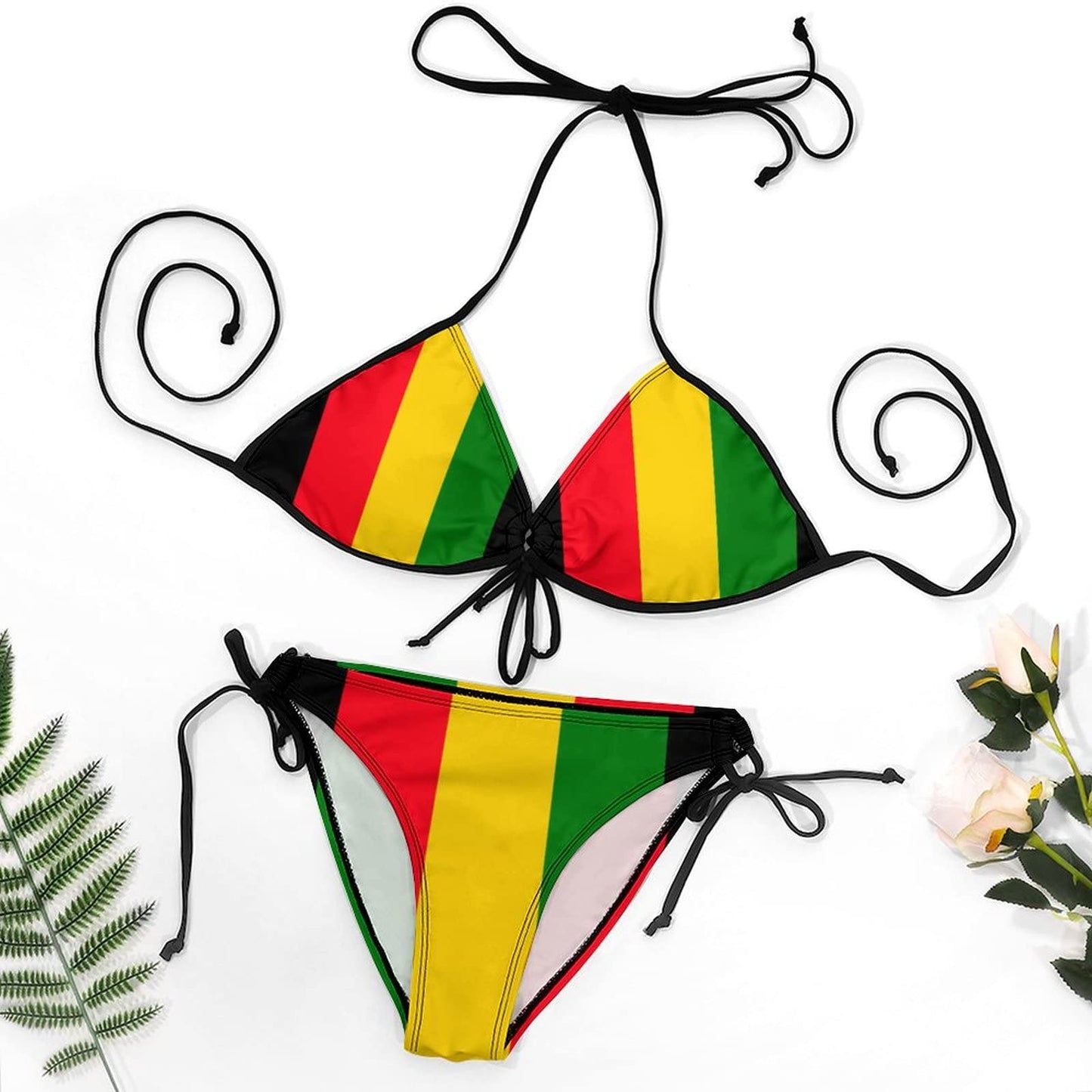 Jamaican Rasta Flag Green, Yellow and Red Women Two Piece Bikini Swimsuit Sling Halter Top Triangle Bottoms Set Sexy Bathing Suits SUYXKOP