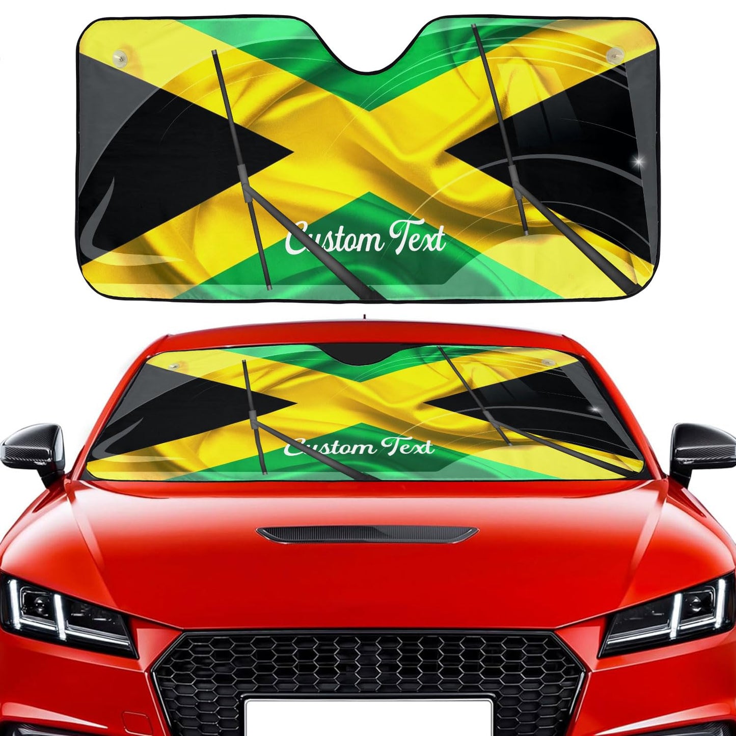 Suseaz Custom Name Jamaica Jamaican Flag Windshield Car Sun Shade Easy Install Personalized Jamaica Lion Car Sunshade Front Protector Folding Car Sun Visor Blocks Uv Keeps Cool Fit Foldable (JMC5) Suseaz