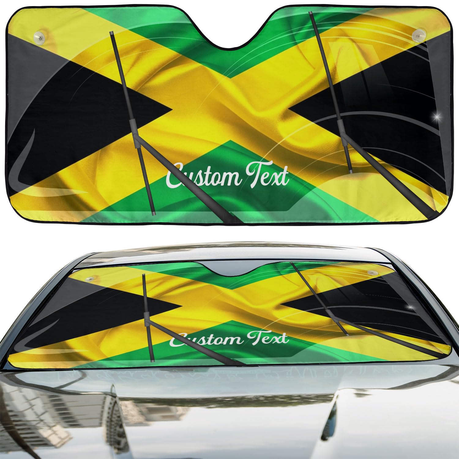 Suseaz Custom Name Jamaica Jamaican Flag Windshield Car Sun Shade Easy Install Personalized Jamaica Lion Car Sunshade Front Protector Folding Car Sun Visor Blocks Uv Keeps Cool Fit Foldable (JMC5) Suseaz