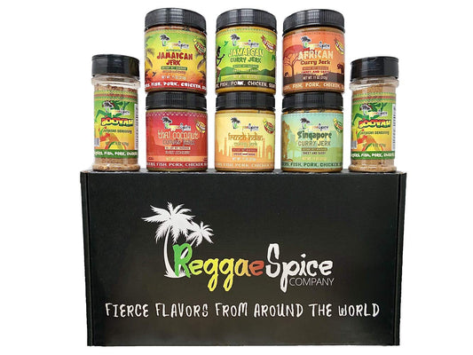 REGGAE SPICE World Tour Gift Box - Jamaican Jerk Seasoning Authentic Wet Rub Marinade Sauce - Perfect for Beef, Pork, Chicken, Seafood, and Vegetables - Sweet or Spicy (Hot and Spicy) Reggae Spice