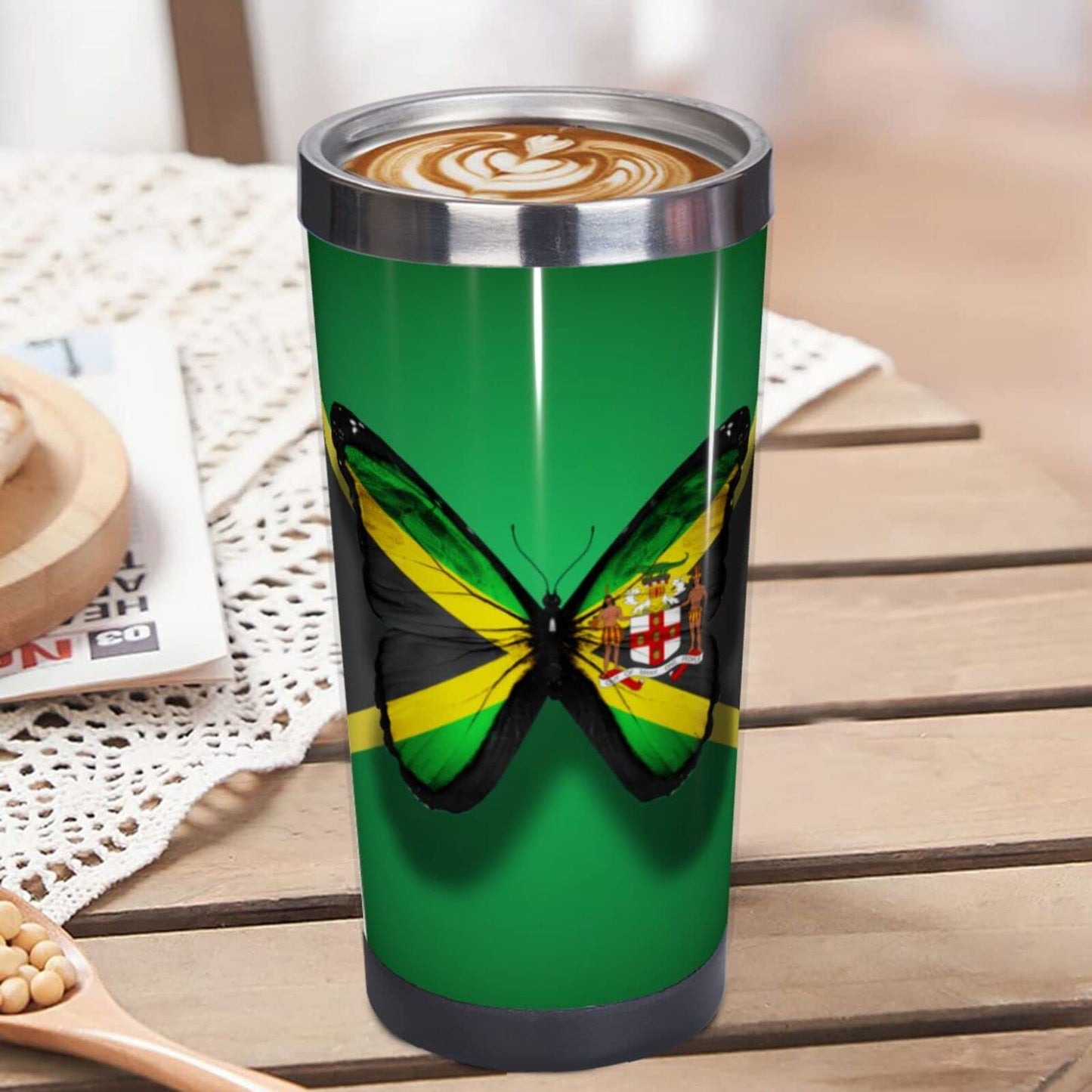 VunKo 14oz Jamaica Flag Butterfly Stainless Steel Tumbler with Lid, Vacuum Insulated Thermal Coffee Mug, Double Wall Plastic Reusable Cups VunKo