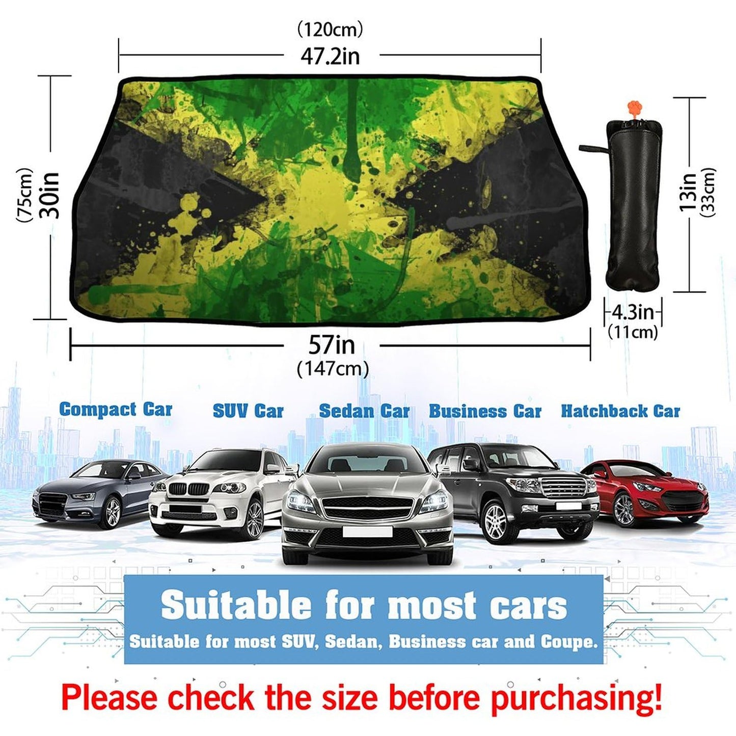 Jamaican Flag Car Windshield Sun Shade Cover Foldable Sunshade Umbrella Sunshade for Car Window Shades Car Front Window Cover, Auto Windshield Shade for Cars Block UV Rays Heat for Most Vehicle 57"X30 MAZHALAI