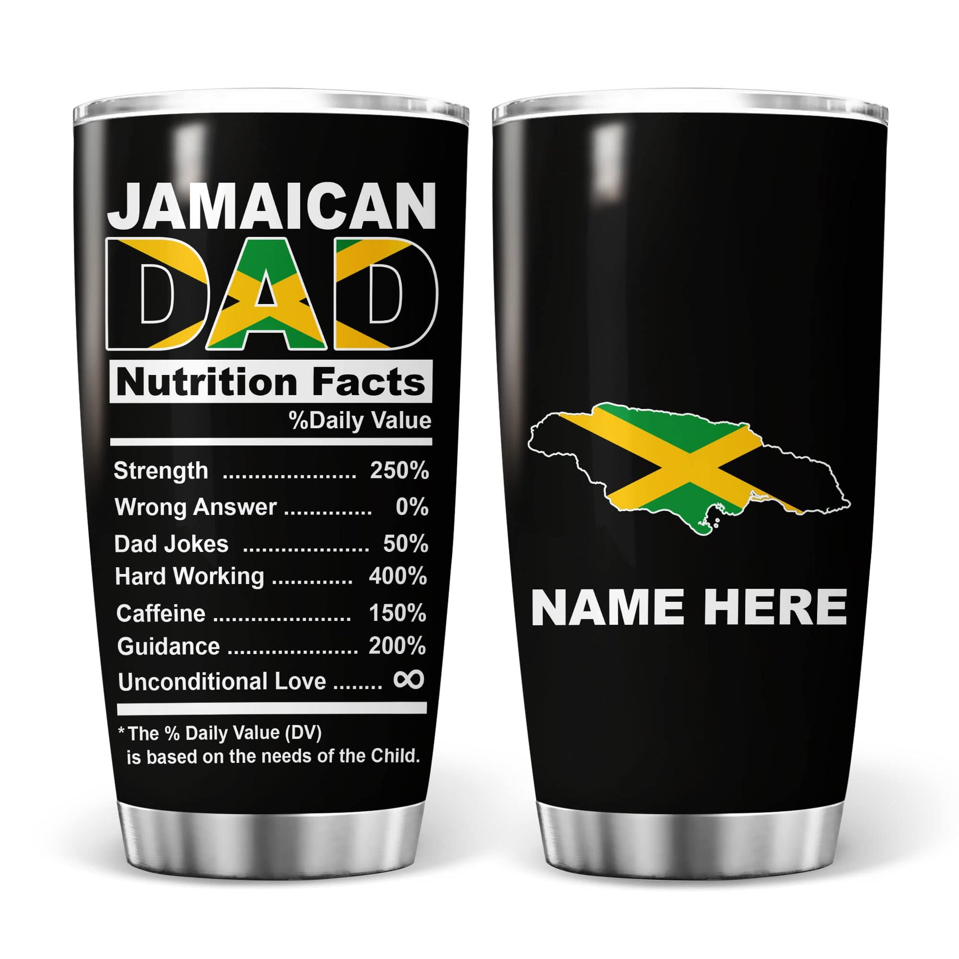 kobalo Jamaican Dad Nutrition Facts Tumbler Cup 20oz Jamaica Flag Pride Country Map Stainless Steel Tumblers Personalized Gift for Dad Father Papa Patriotic Birthday 4th of July Insulated Coffee Mug kobalo