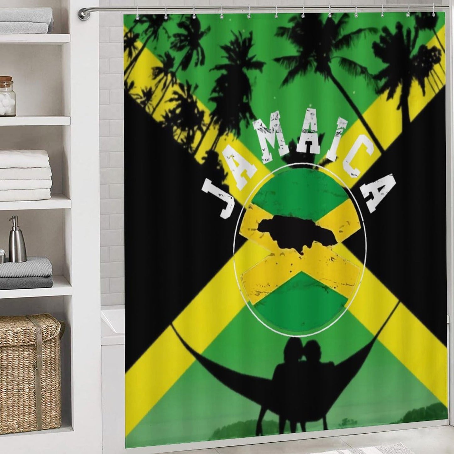 TAIZIYEAH Jamaican Flag 4 Pcs Bathroom Shower Curtain Set,Bathroom Sets with Rugs (Bath Mat,U Shape and Toilet Lid Cover Mat) Bathroom Decor Set TAIZIYEAH