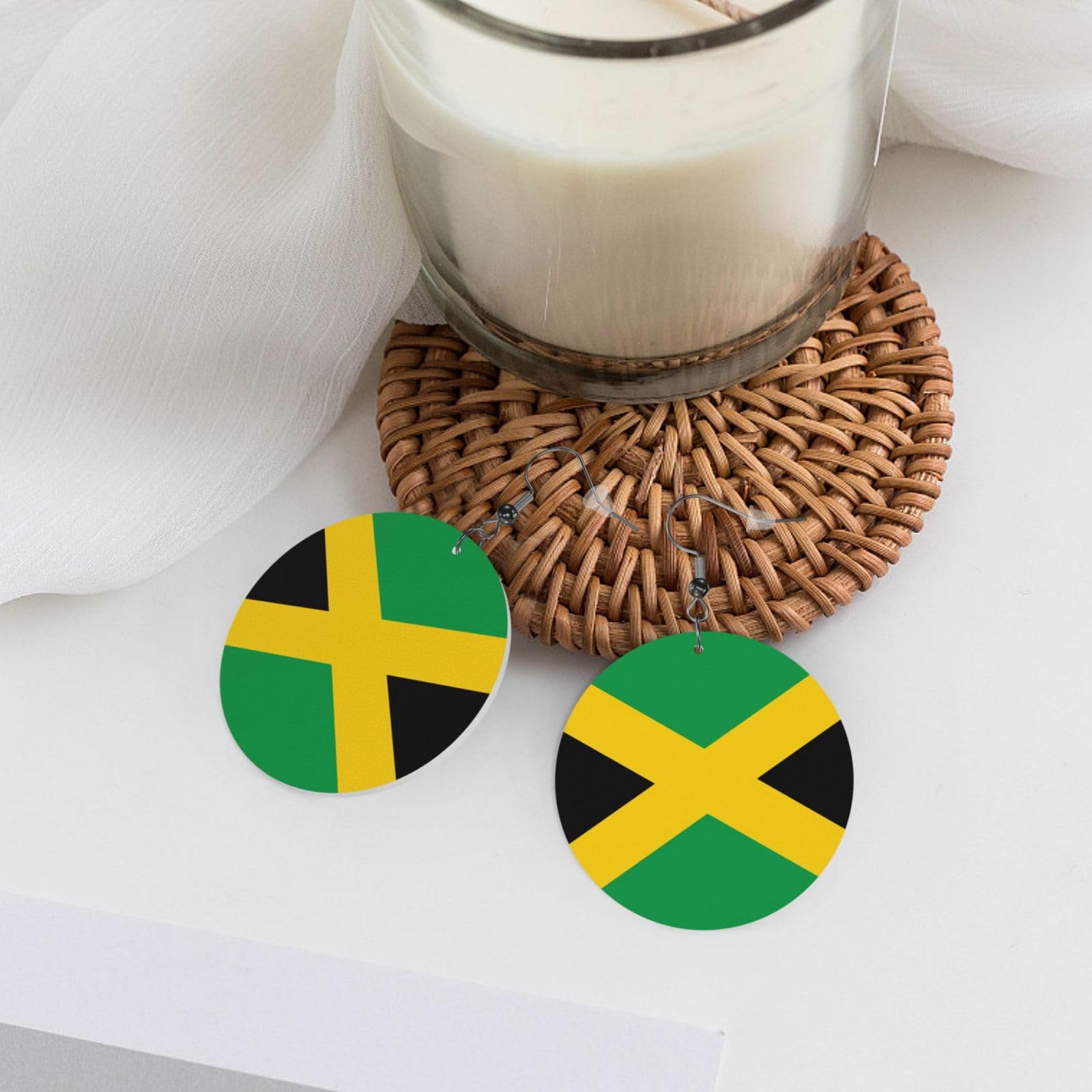 Jamaica Flag Faux Leather Earrings For Women Lightweight Round Dangle Earrings Gift DUIYWFH