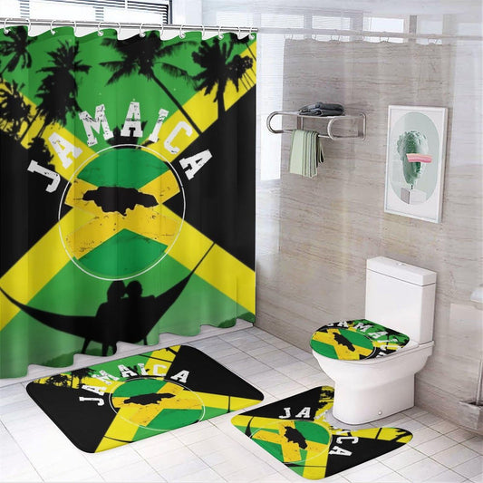 TAIZIYEAH Jamaican Flag 4 Pcs Bathroom Shower Curtain Set,Bathroom Sets with Rugs (Bath Mat,U Shape and Toilet Lid Cover Mat) Bathroom Decor Set TAIZIYEAH