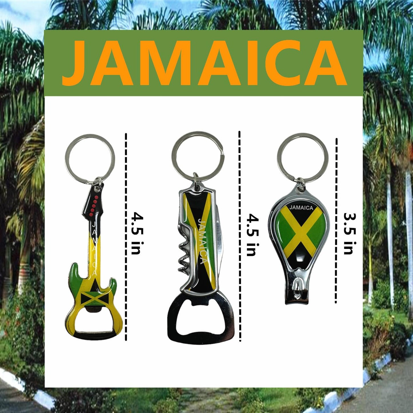 TSY TOOL 3 Pack Jamaica Keychains Country Metal Keychain, 3 Bottle Opener, Nail Clipper, Guitar, Patriotic Souvenir Keychains, Car Keys, Gift, Bulk TSY TOOL