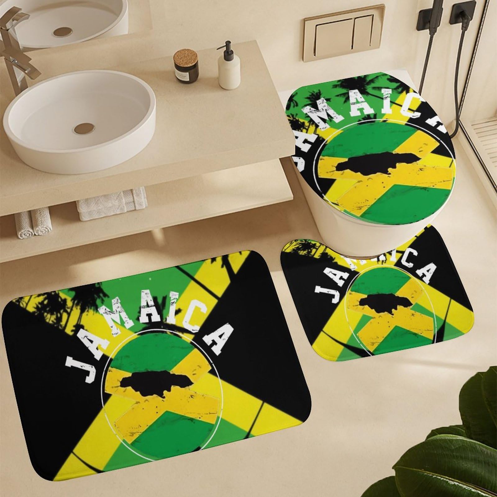 TAIZIYEAH Jamaican Flag 4 Pcs Bathroom Shower Curtain Set,Bathroom Sets with Rugs (Bath Mat,U Shape and Toilet Lid Cover Mat) Bathroom Decor Set TAIZIYEAH