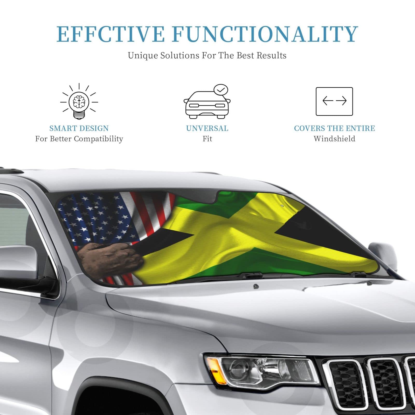 American Flags and Jamaica Jamaican Flag Car Windshield Sun Shade (51" X 27.5") (55" X 30") Aluminium Foil Foldable Windshield Sunshade Suction Cup Fixed Generic