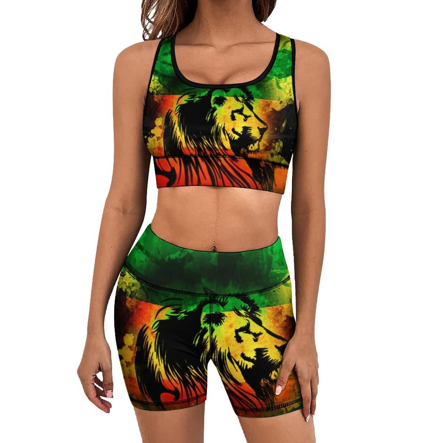 Dry Jamaican Lion Flag Yoga Sets for Women Outfit 2 Piece Sport Bra Top And Shorts Legging Tracksuit -X-Large GJdd_diy