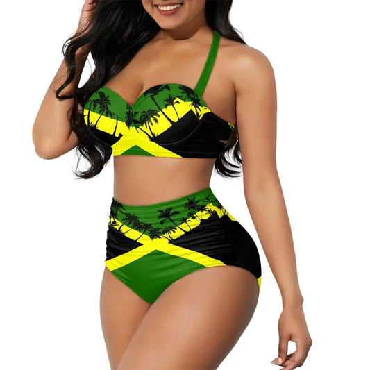 Yewattles Jamaica Flag Palm High Waisted Bikini Set Two Piece Tummy Control Swimsuit Vintage Retro Bathing Suit Wrap Bandage Bikini Set for Pregnant Woman Trip Yewattles