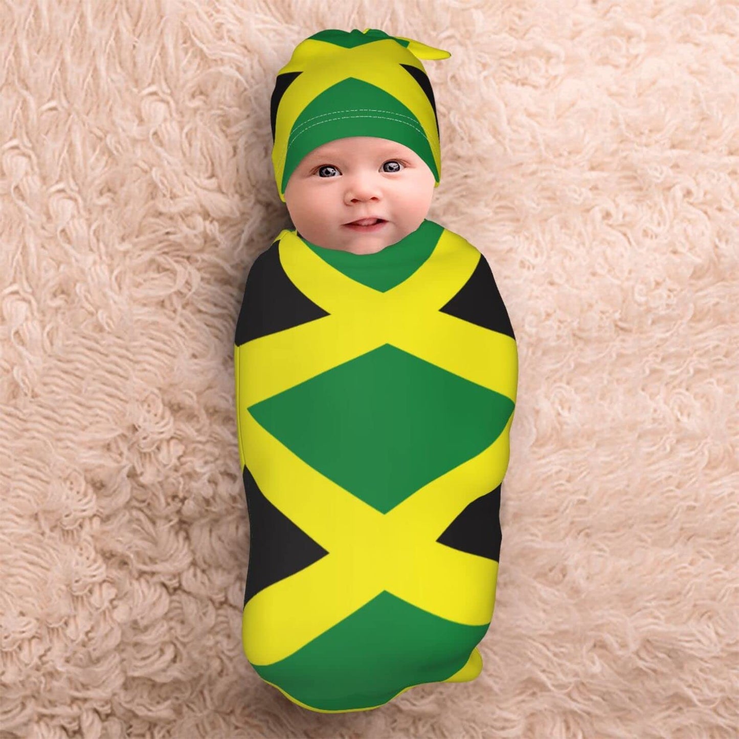 Ykklima Baby Newborn Swaddle Blanket with Beanie Hat- Jamaican Flag Pattern Receiving Blanket Sleep Sack for Girls Boys Infant Gifts Ykklima