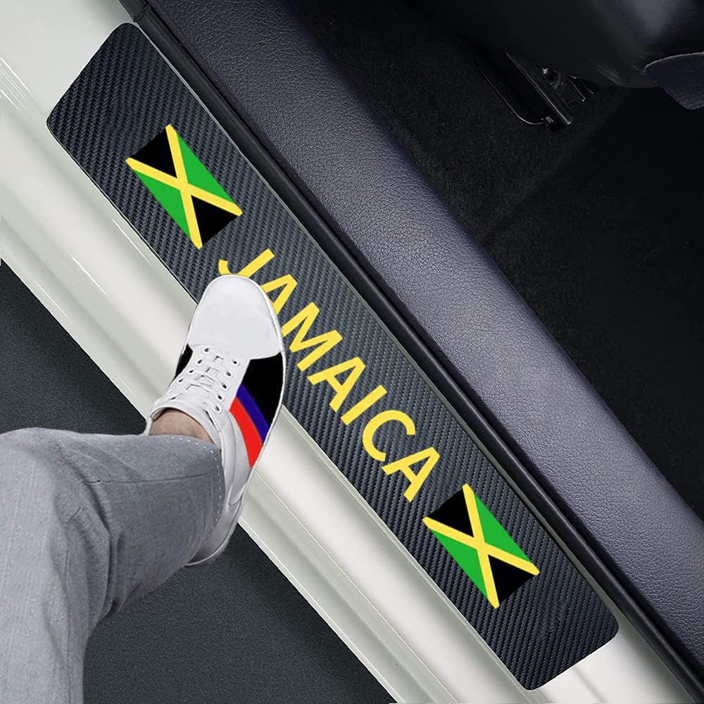 FLAGSP 4pcs Jamaica Jamaican Flag Carbon Fiber Car Door Front/Rear Sill Plate Protectors, Sticker Decorative Door Entry MKTx4 Carbon Fiber door sill protector FLAGSP