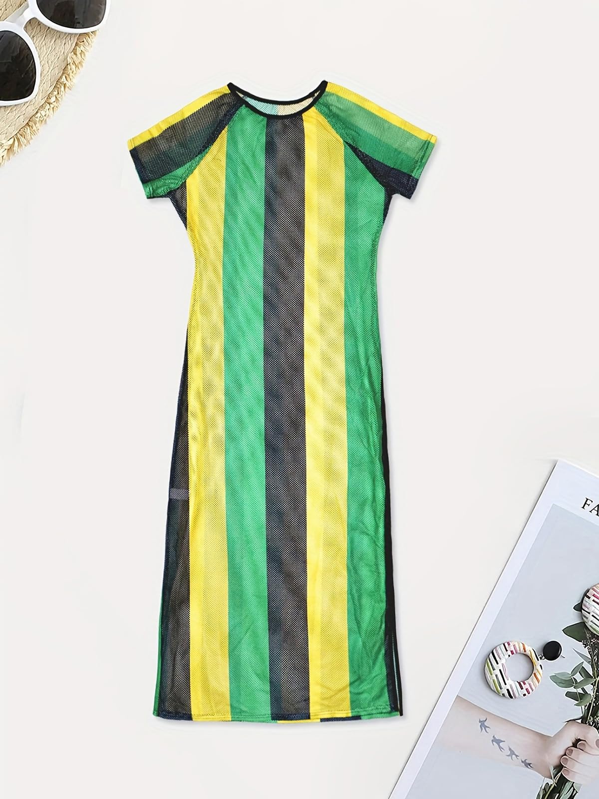 XZLUFNY Jamaican Swimsuits for Women O-Neck Vertical Striped Print Hollow Out Breathable Tan Through Swimwear (Long S) XZLUFNY