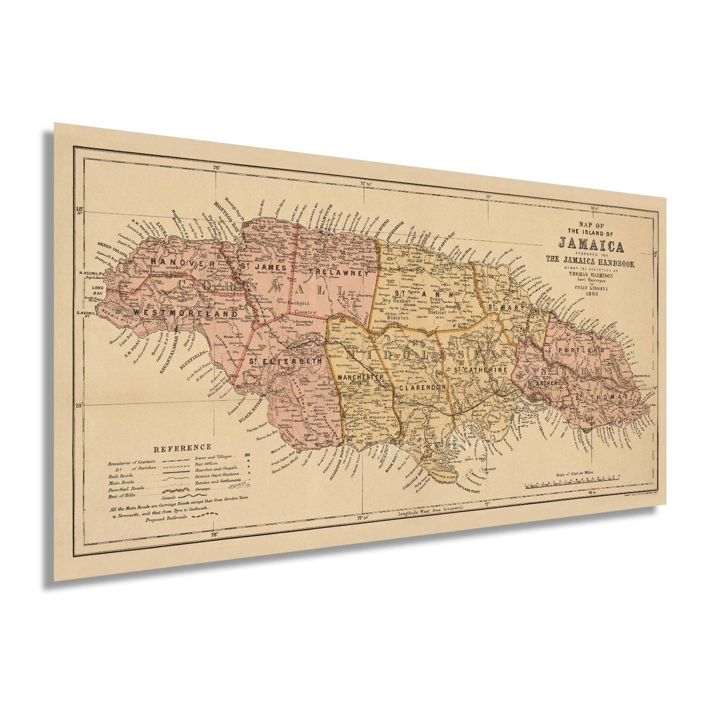 HISTORIX Vintage 1893 Jamaica Map - 12x24 Inch Vintage Map of The Island of Jamaica Wall Art Decor - Wall Map of Jamaica Poster Showing Administrative and Political Divisions HISTORIX