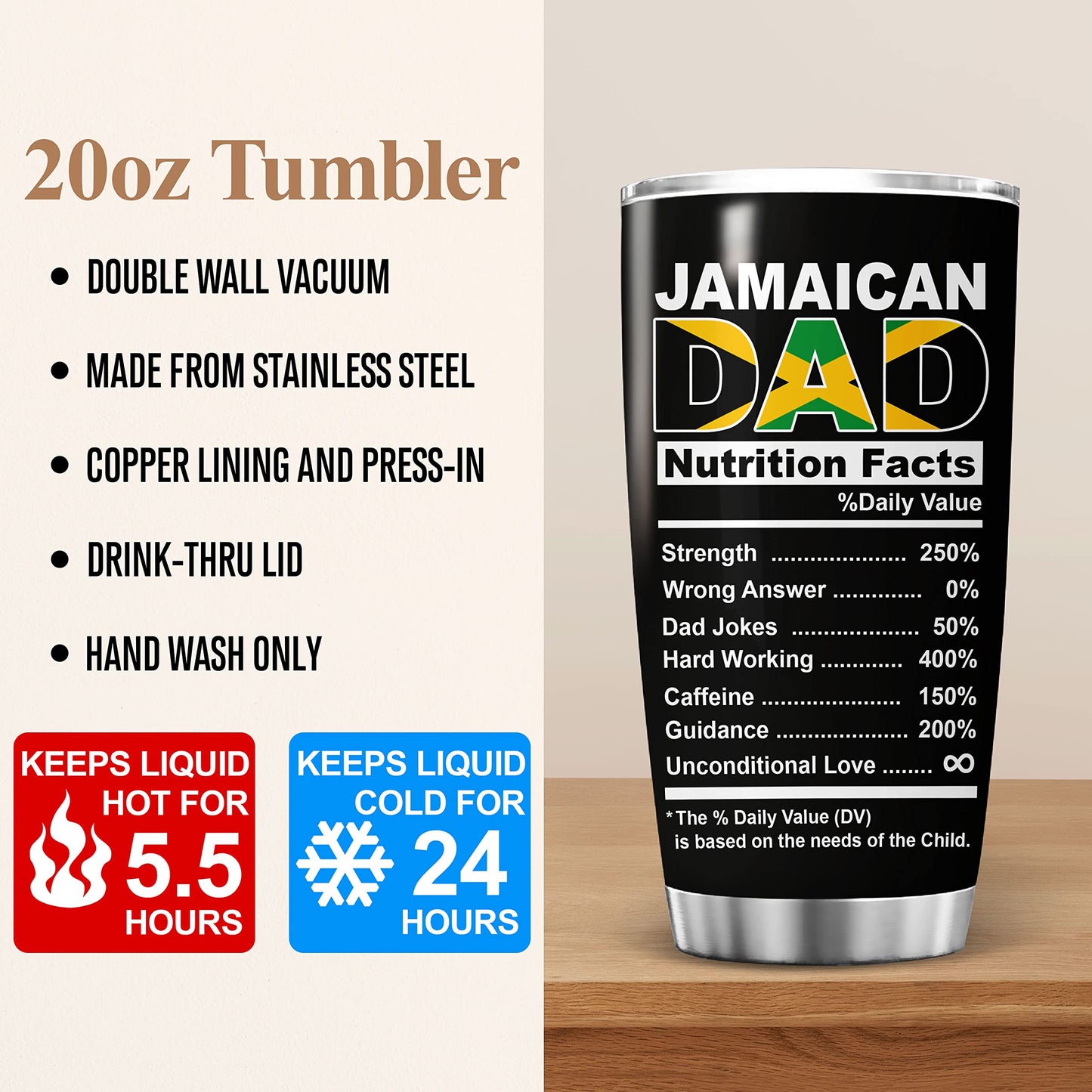 kobalo Jamaican Dad Nutrition Facts Tumbler Cup 20oz Jamaica Flag Pride Country Map Stainless Steel Tumblers Personalized Gift for Dad Father Papa Patriotic Birthday 4th of July Insulated Coffee Mug kobalo