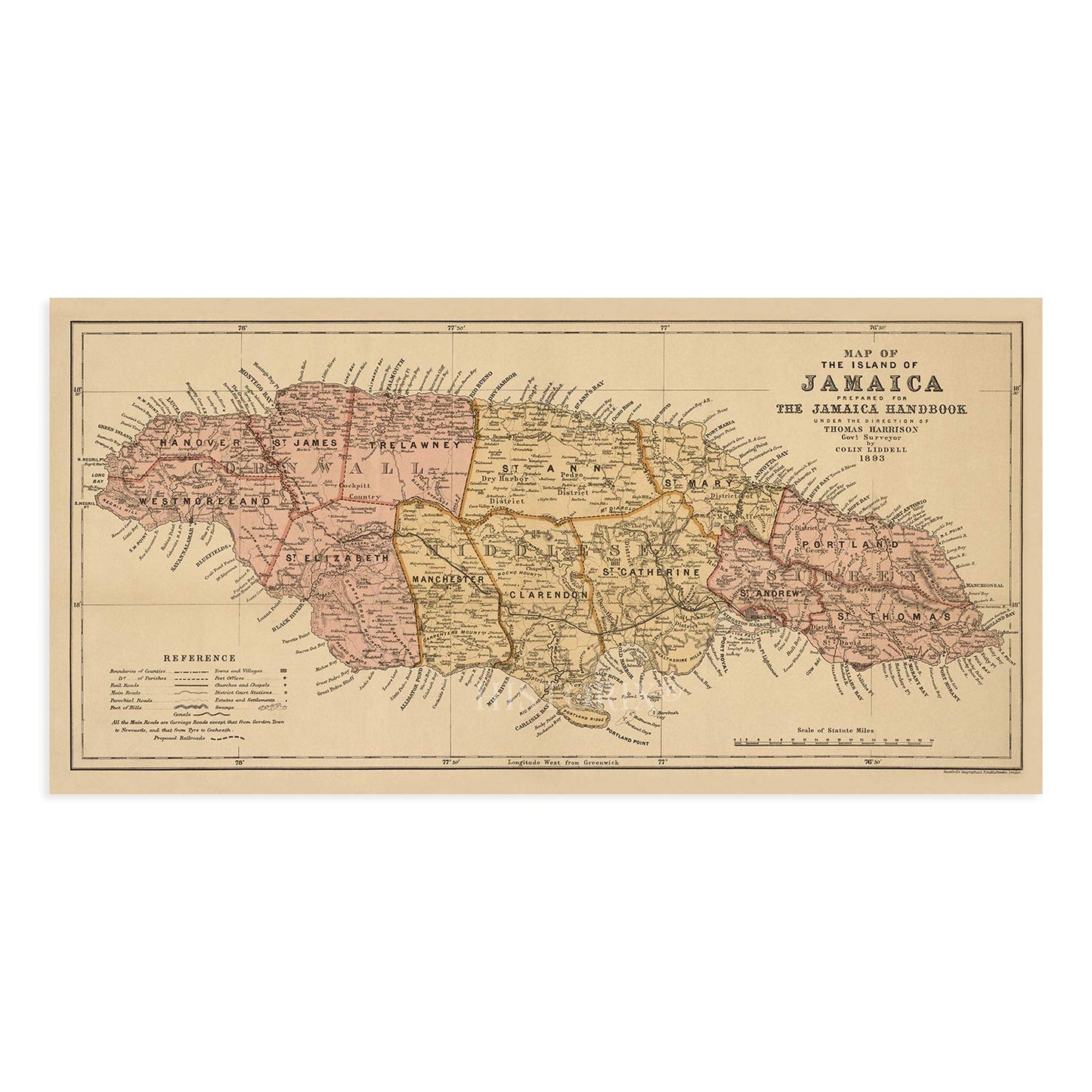 HISTORIX Vintage 1893 Jamaica Map - 12x24 Inch Vintage Map of The Island of Jamaica Wall Art Decor - Wall Map of Jamaica Poster Showing Administrative and Political Divisions HISTORIX