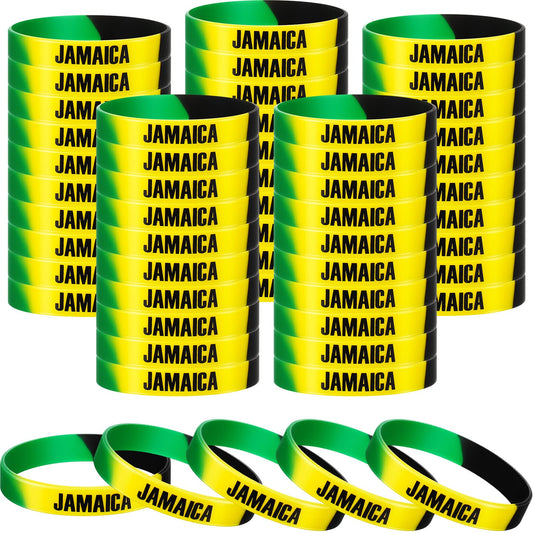 Leitee Jamaican Silicone Bracelet Bulk Black Yellow Green Rubber Wristband for Men Women Jamaican Birthday Party (100 Pcs) Leitee