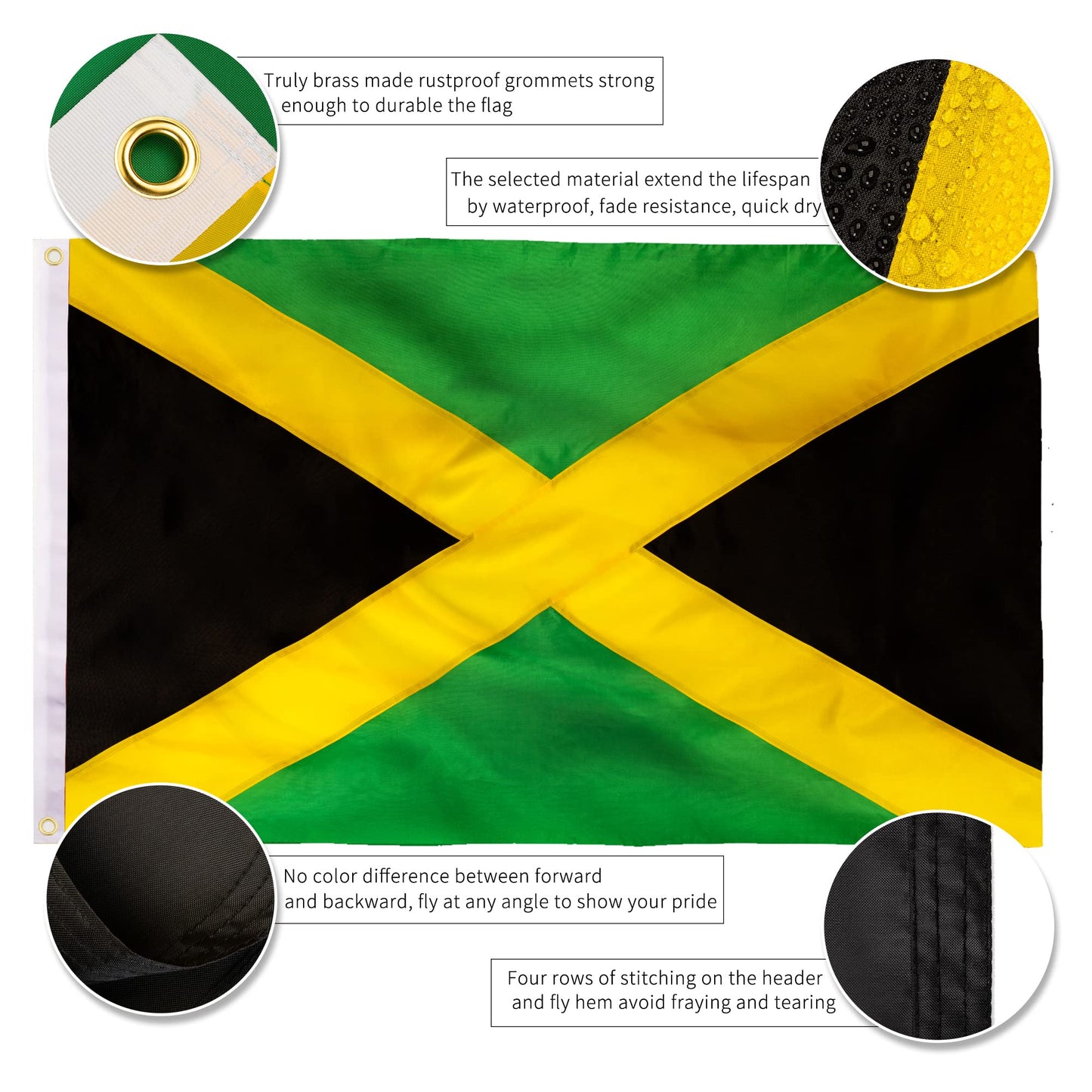 XIFAN Premium Nylon Jamaica Jamaican Flag 3x5 Outdoor, Double Sided Heavy Duty 210D Nylon Jamaican National Country Flags, Strongest Longest Lasting with Sewn Stripes/4 Stitch Hemming/Brass Grommets XIFAN