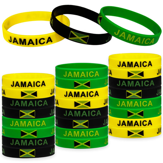 FSHANEE 24Pcs Jamaican Rubber Bracelets Jamaica Independence Day Party Favors Jamaican Flag Themed Party Supplies Silicone Wristbands Party Gift Bag Fillers Goodie Bag Stuff FSHANEE