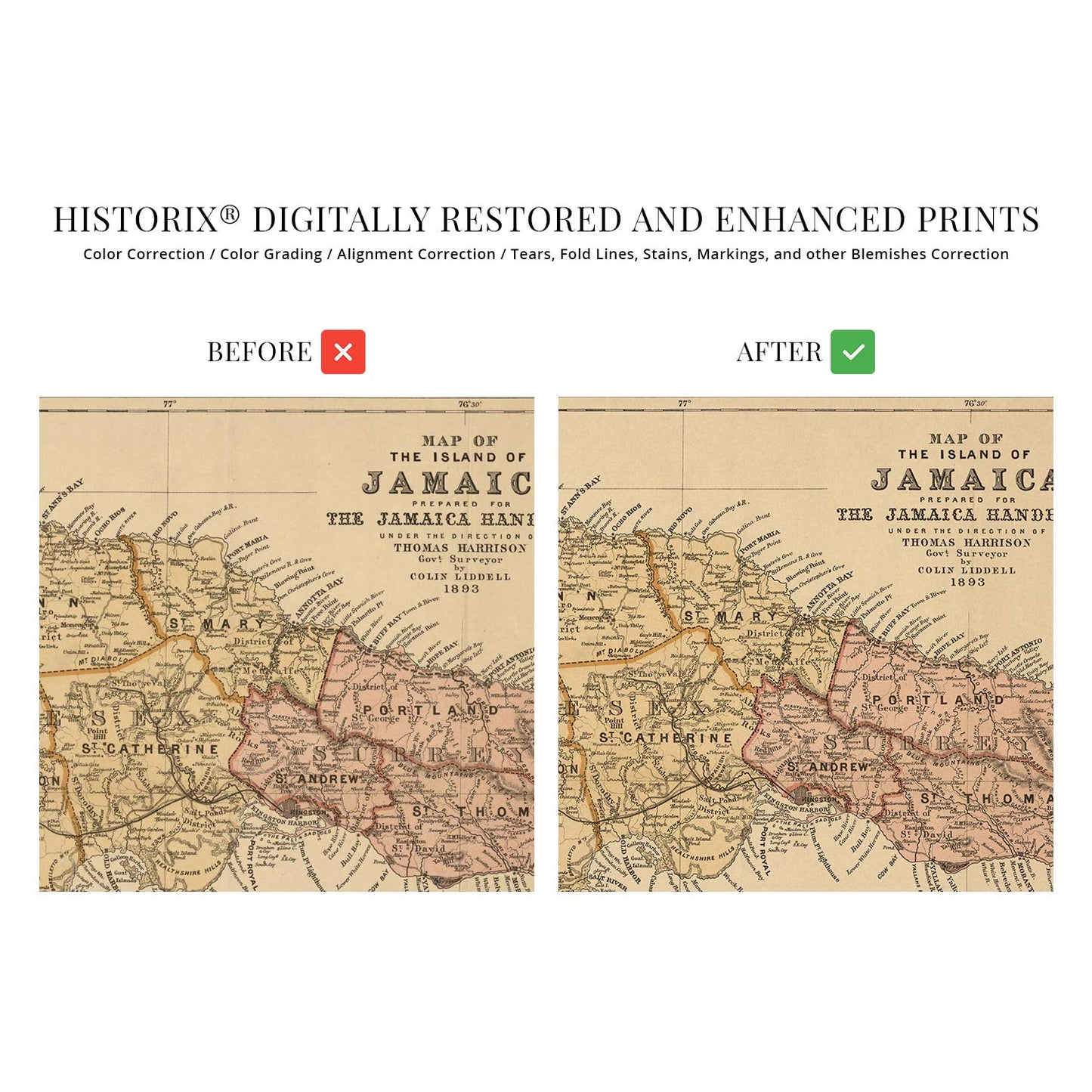 HISTORIX Vintage 1893 Jamaica Map - 12x24 Inch Vintage Map of The Island of Jamaica Wall Art Decor - Wall Map of Jamaica Poster Showing Administrative and Political Divisions HISTORIX