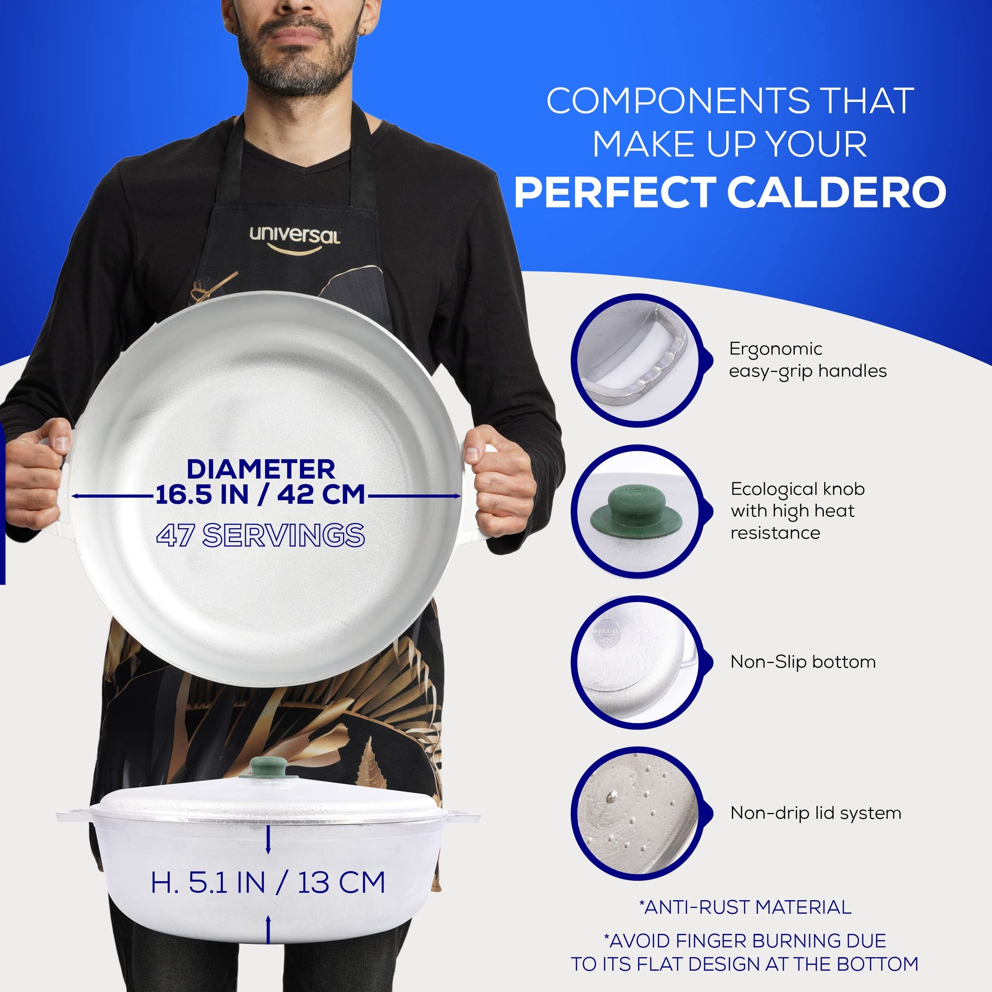 Universal Large Caldero 47 Cups - 17 QT / 16 L, Stainless Aluminum Pot, Even Heat Distribution and Fast Cooking Dutch Oven Pot with Lid, Ergonomic Handles, Ideal for Rice, French Fries, and More universal