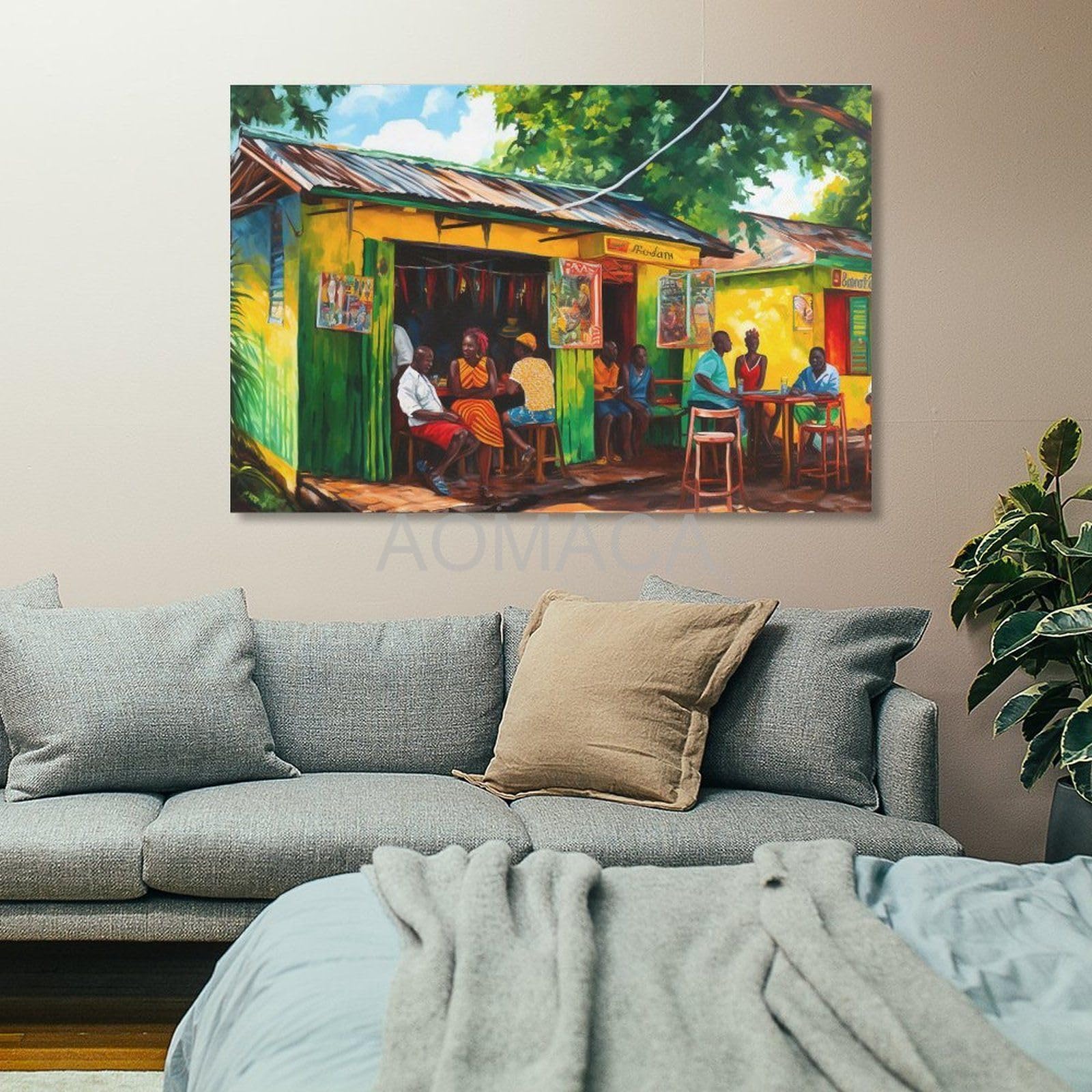 Caribbean Art Print of Jamaican Rum Shop in Yellow And Green Painting Art Poster Canvas Painting Wall Art Poster for Bedroom Living Room Decor 12x18inch(30x45cm) Unframe-style RCIDOS