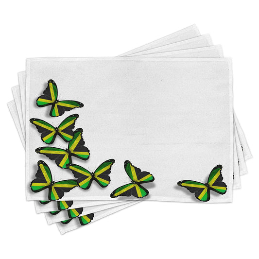 Ambesonne Jamaican Place Mats Set of 4, Buterflies Flag Motifs Caribbean Animal Illustration Rasta Culture Print, Washable Fabric Placemats for Dining Room Kitchen Table Decor, Green Black Yellow Ambesonne