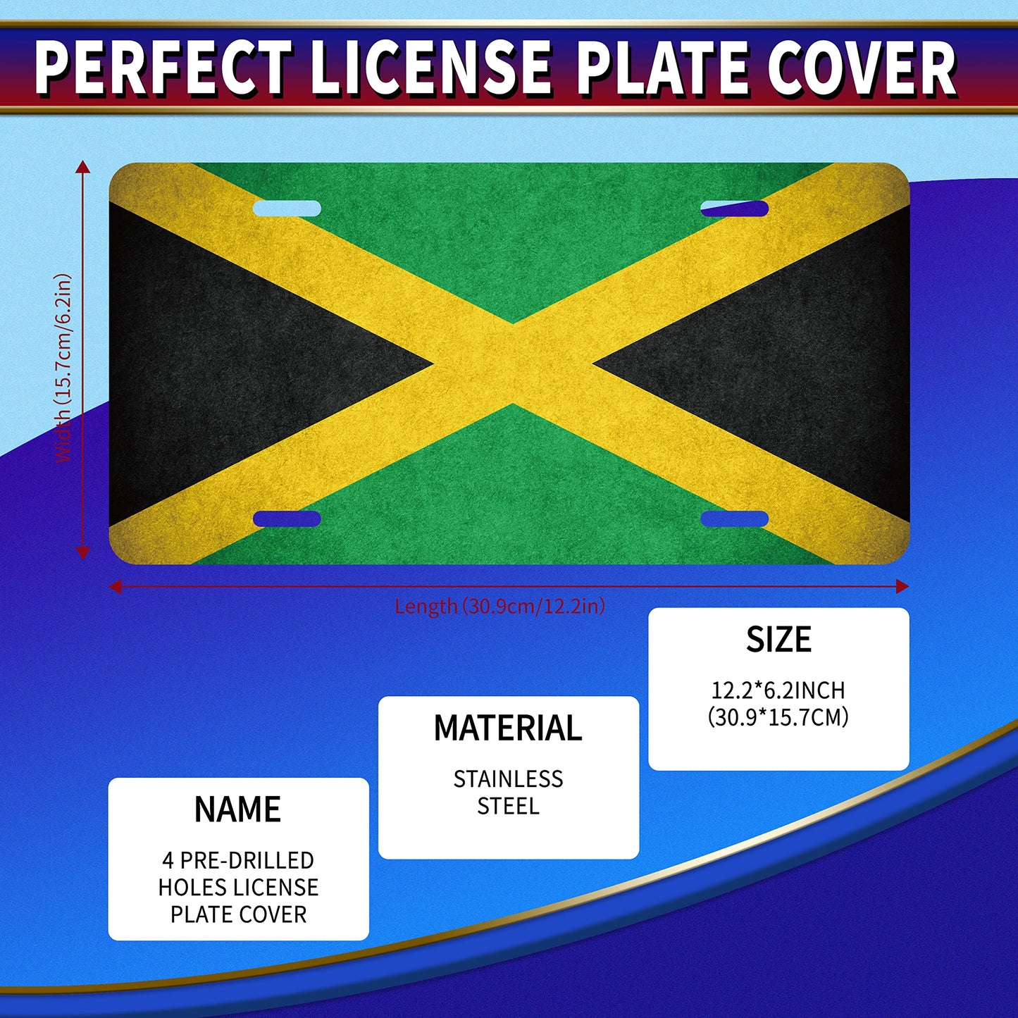 Jamaica Flag Jamaican Car Front License Plate Cover Vintage Black Yellow Green Flag Personalise License Plate Rust-Proof Stainless Steel Metal Car Plate Tag Funny Novelty Vanity Tag Decoration Srew LOISTAVA