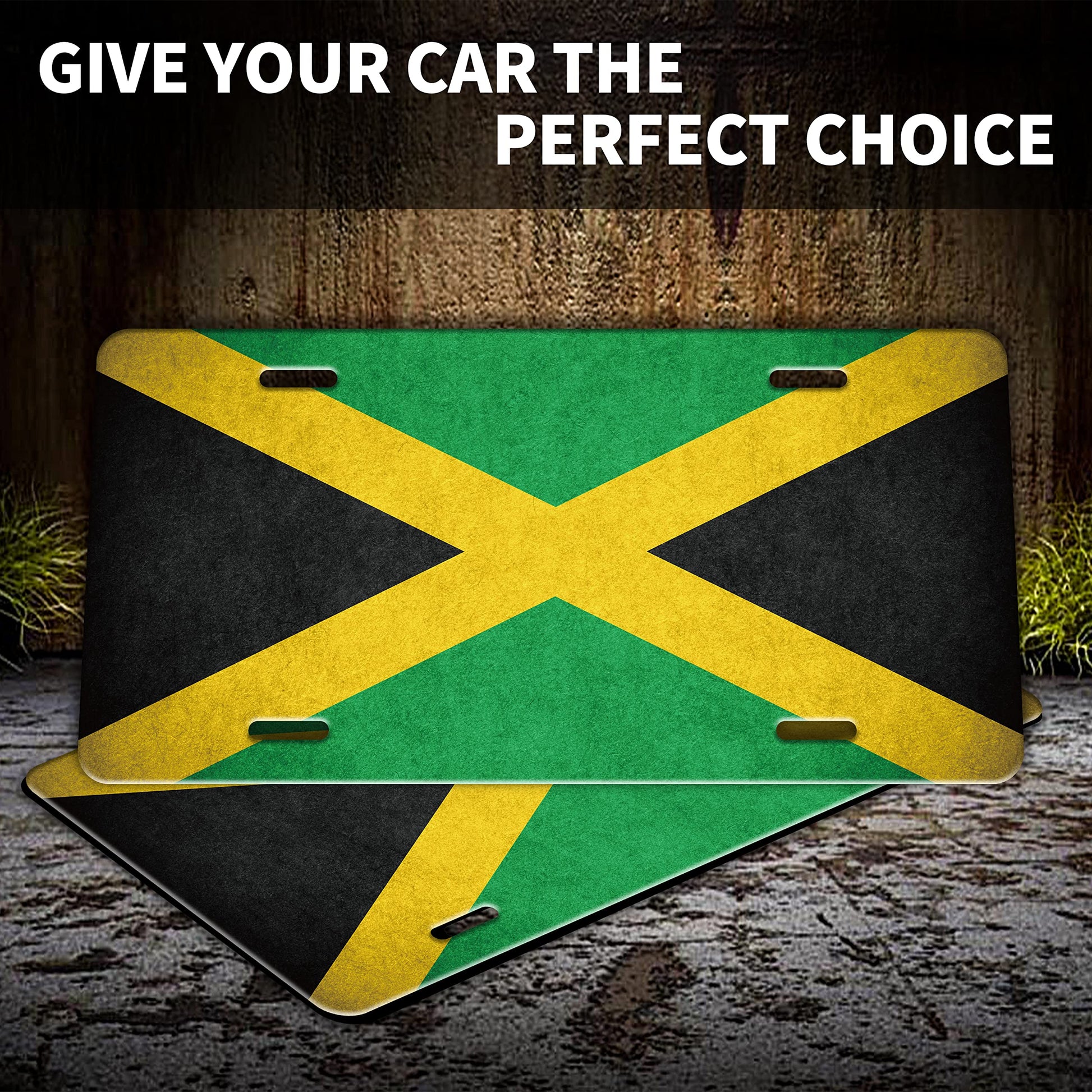 Jamaica Flag Jamaican Car Front License Plate Cover Vintage Black Yellow Green Flag Personalise License Plate Rust-Proof Stainless Steel Metal Car Plate Tag Funny Novelty Vanity Tag Decoration Srew LOISTAVA