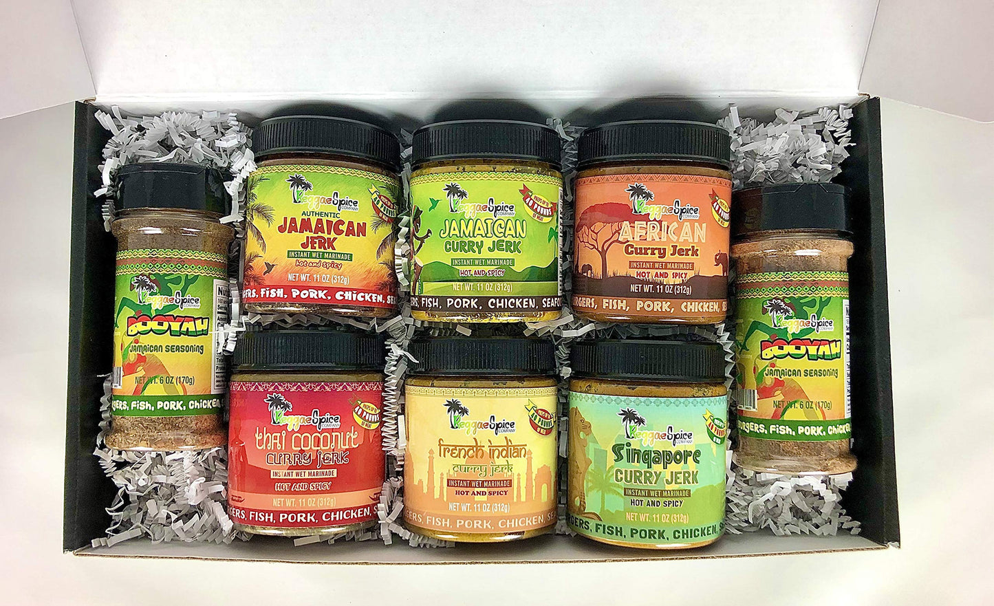 REGGAE SPICE World Tour Gift Box - Jamaican Jerk Seasoning Authentic Wet Rub Marinade Sauce - Perfect for Beef, Pork, Chicken, Seafood, and Vegetables - Sweet or Spicy (Hot and Spicy) Reggae Spice