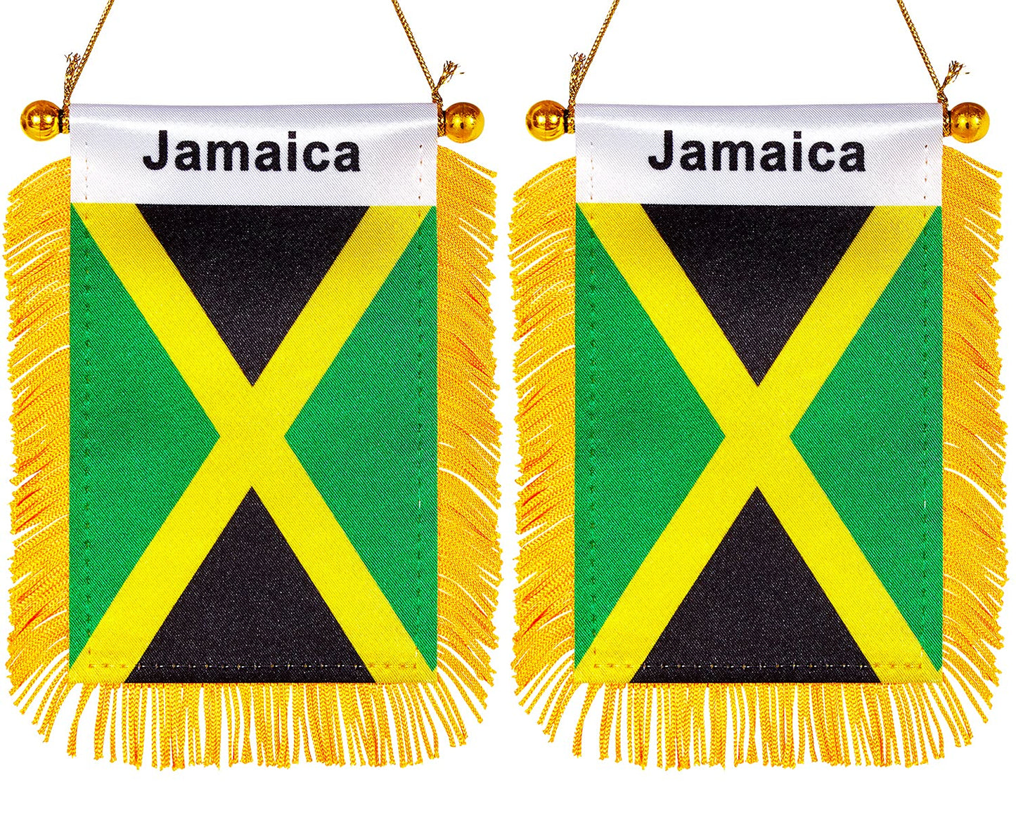 ZXvZYT 3 X 5 Inch Jamaica Window Hanging Flag Jamaican Small Mini Car Flags Banners Rearview Mirror Decoration - with Suction Cup & Golden Fringy Banner(2 Pack) ZXvZYT