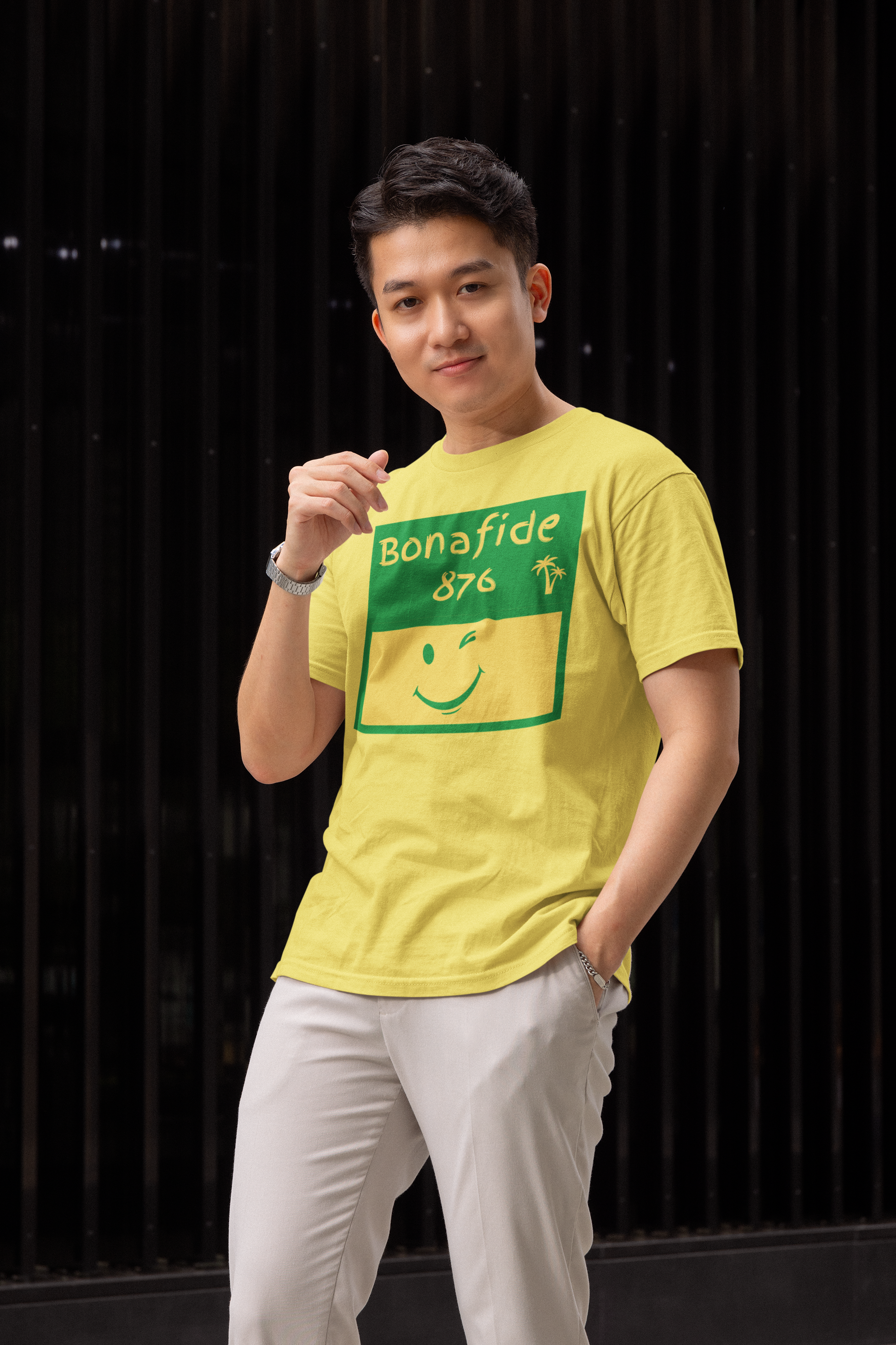 Jamaican Themed T-Shirt (Green/Yellow Graphic) - "Bonafide 876" Imaging876