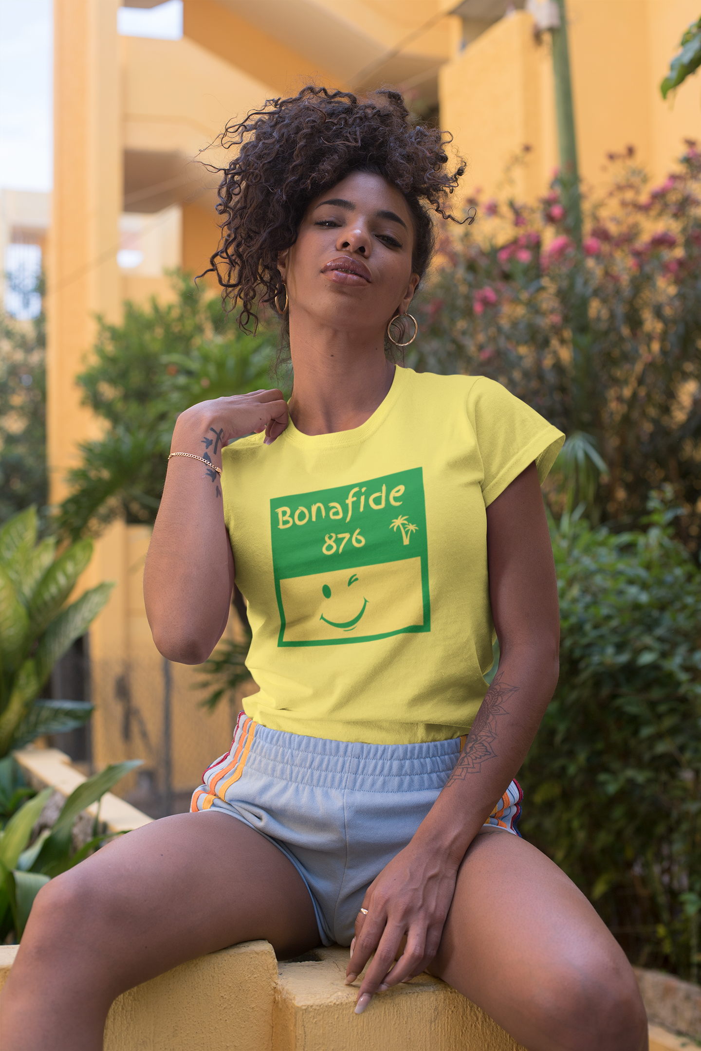 Jamaican Themed T-Shirt (Green/Yellow Graphic) - "Bonafide 876" Imaging876